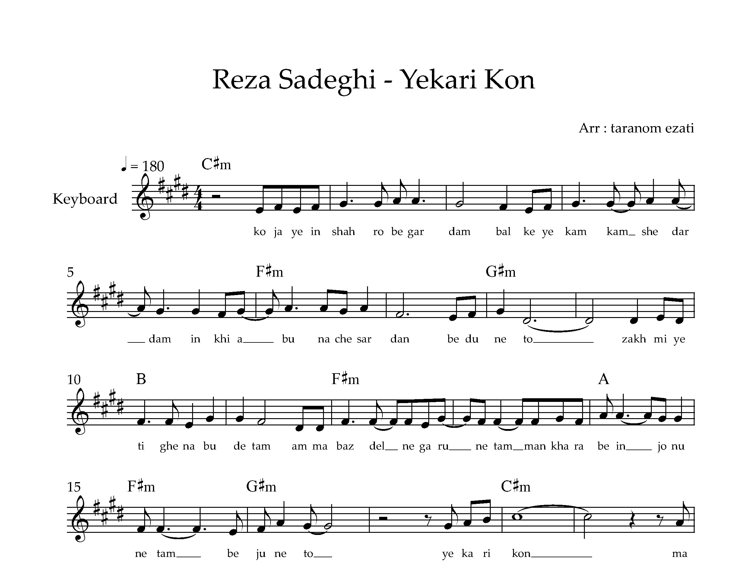 نت کیبورد یه کاری کن رضا صادقی به همراه آکورد