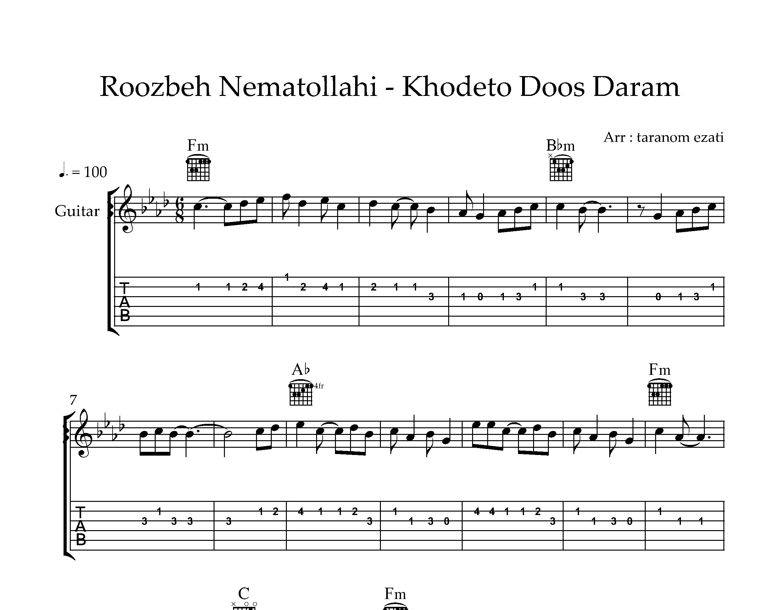 نت گیتار خنده هاتو دوست دارم روزبه نعمت الهی به همراه تبلچر و آکورد