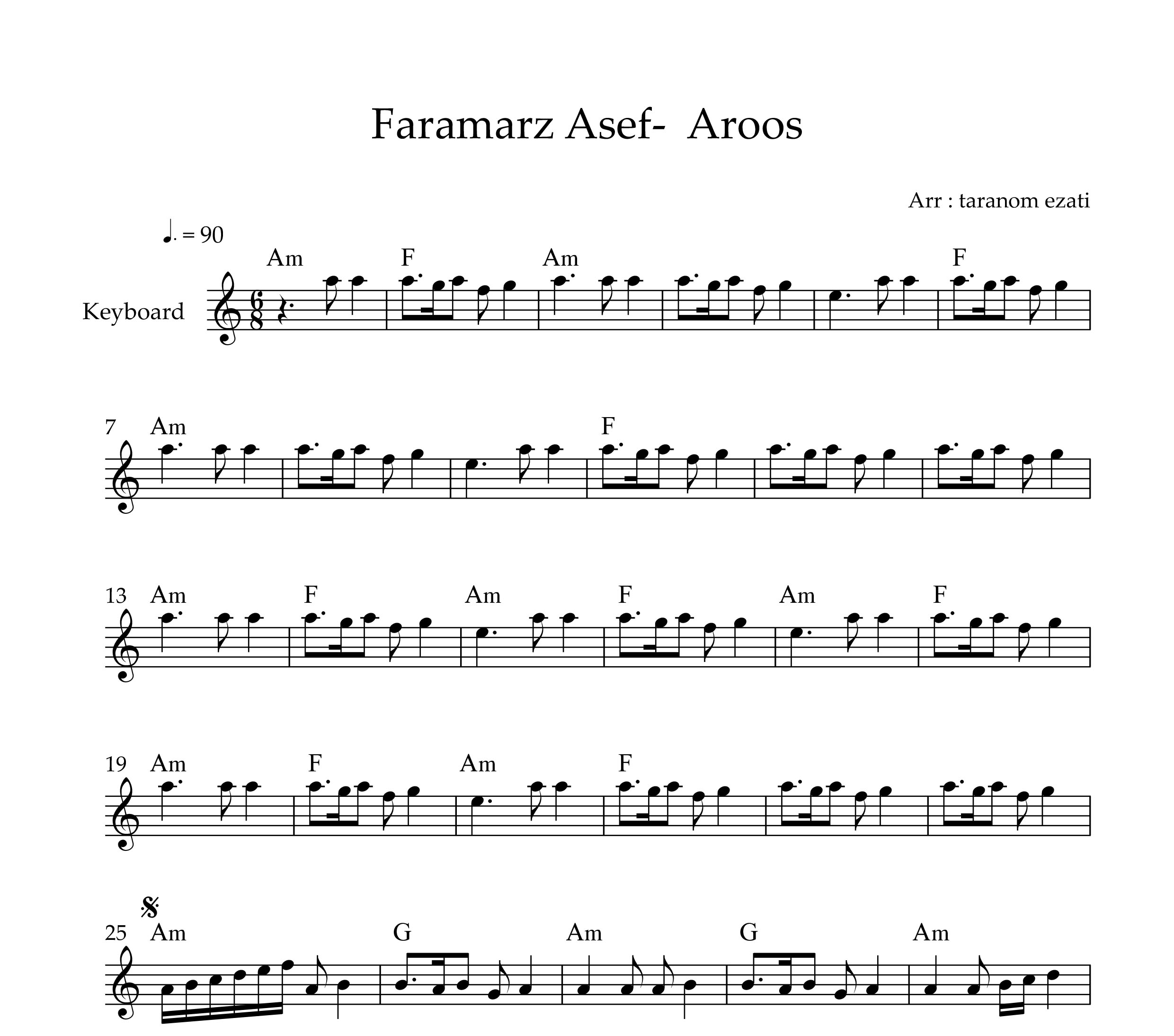 نت کیبورد عروس فرامرز آصف به همراه آکورد