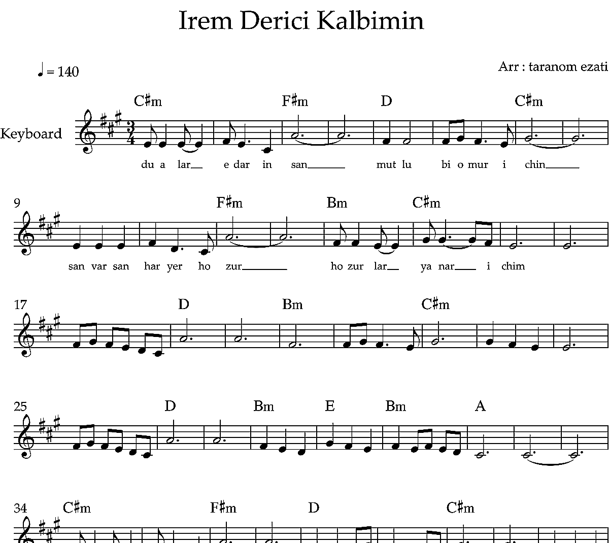 نت کیبورد kalbimin از irem derici به همراه آکورد