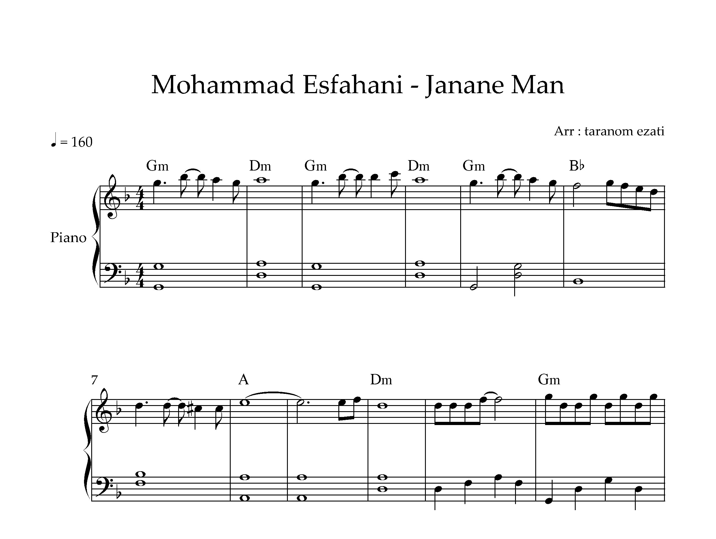 نت پیانو جانان من محمد اصفهانی