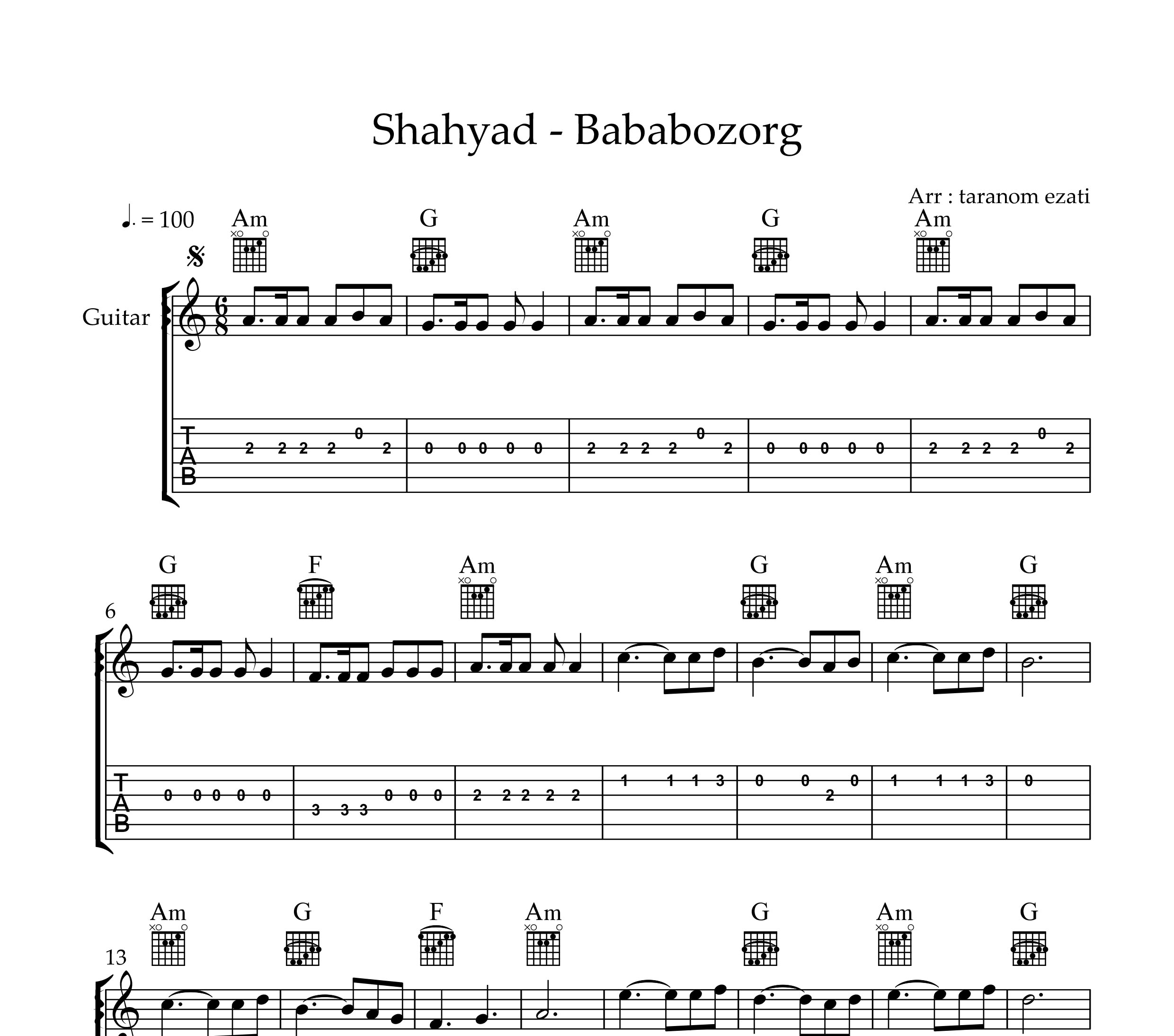 نت گیتار بابا بزرگ شهیاد به همراه تبلچر و آکورد