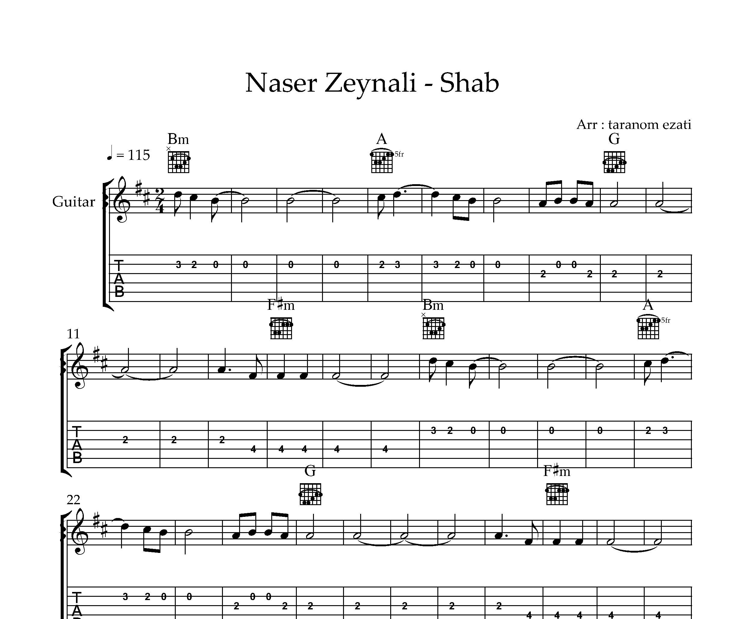 نت گیتار شب ناصر زینعلی به همراه تبلچر و آکورد