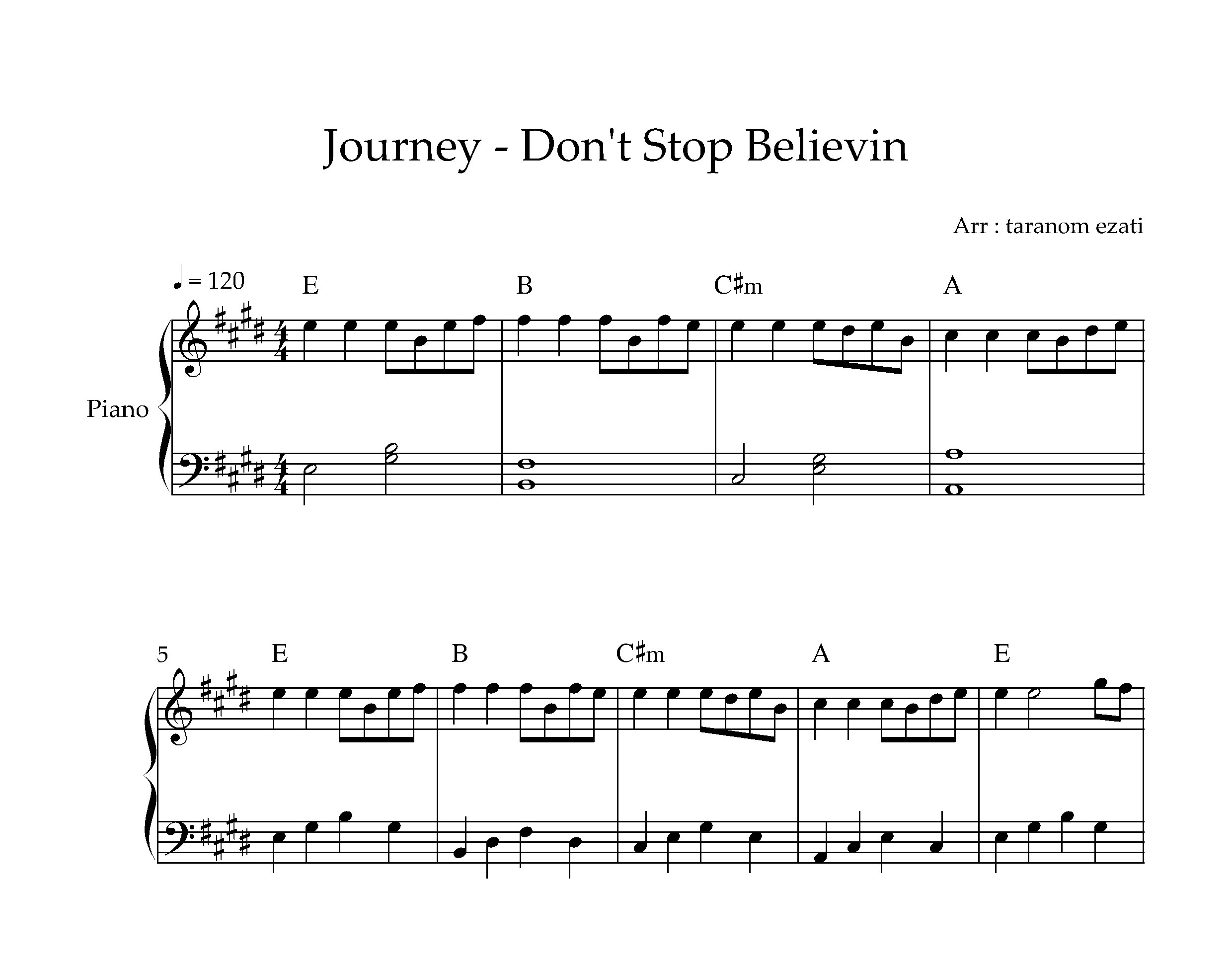 نت پیانو Dont Stop Believin از Journey