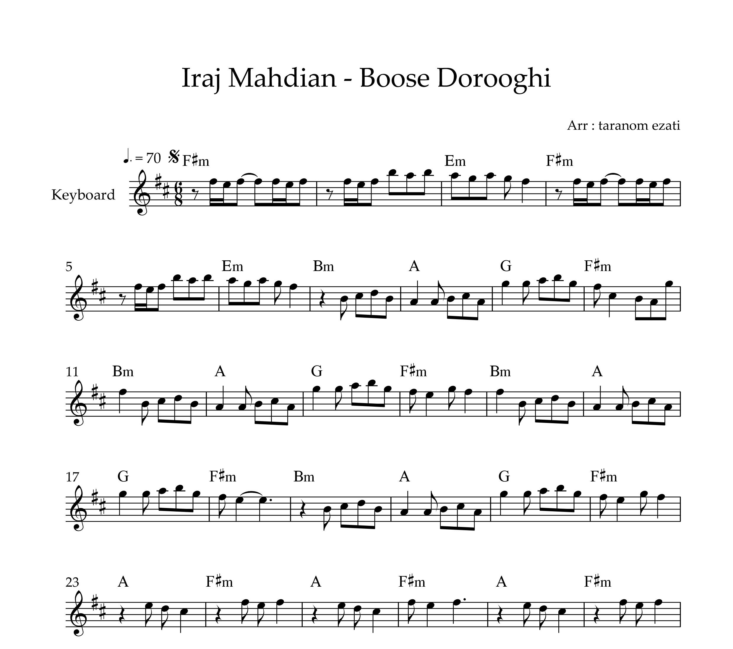 نت کیبورد بوسه دروغی ایرج مهدیان به همراه آکورد
