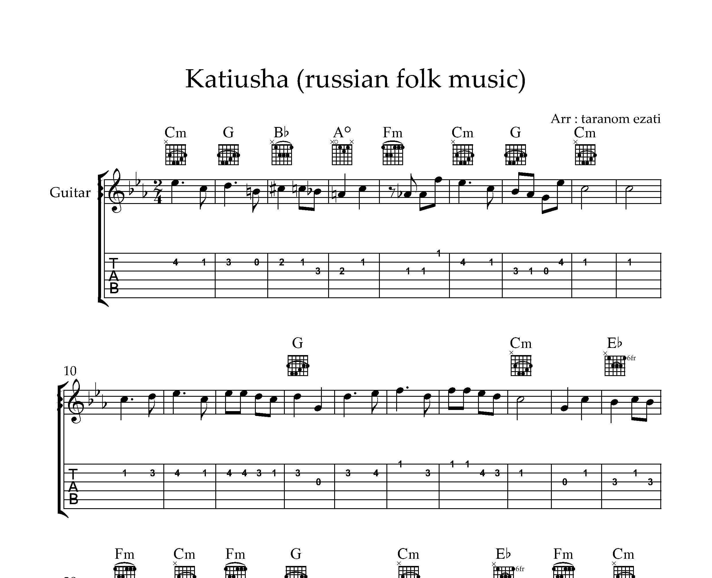 نت گیتار Katyusha به همراه تبلچر و آکورد