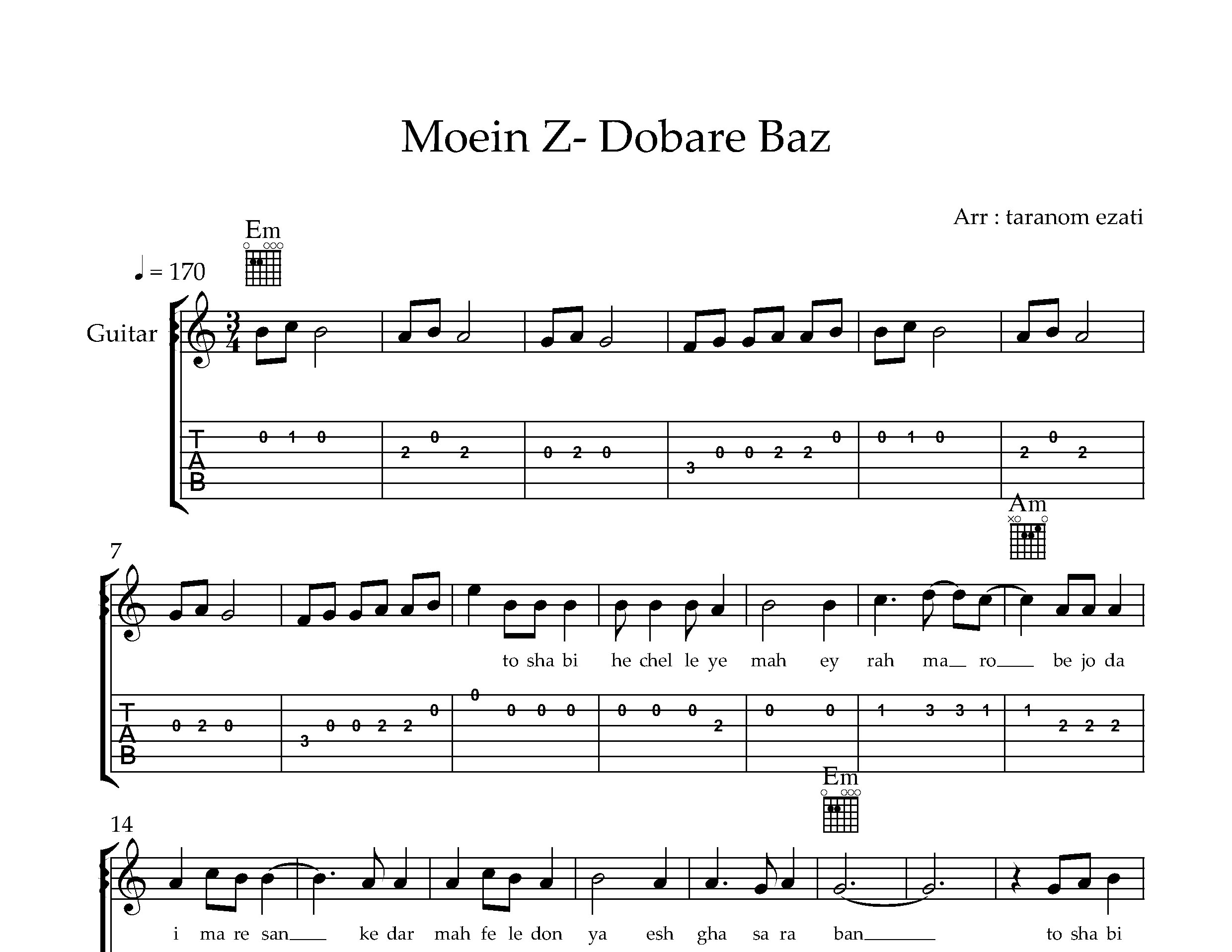 نت گیتار دوباره باز معین زد به همراه تبلچر و آکورد