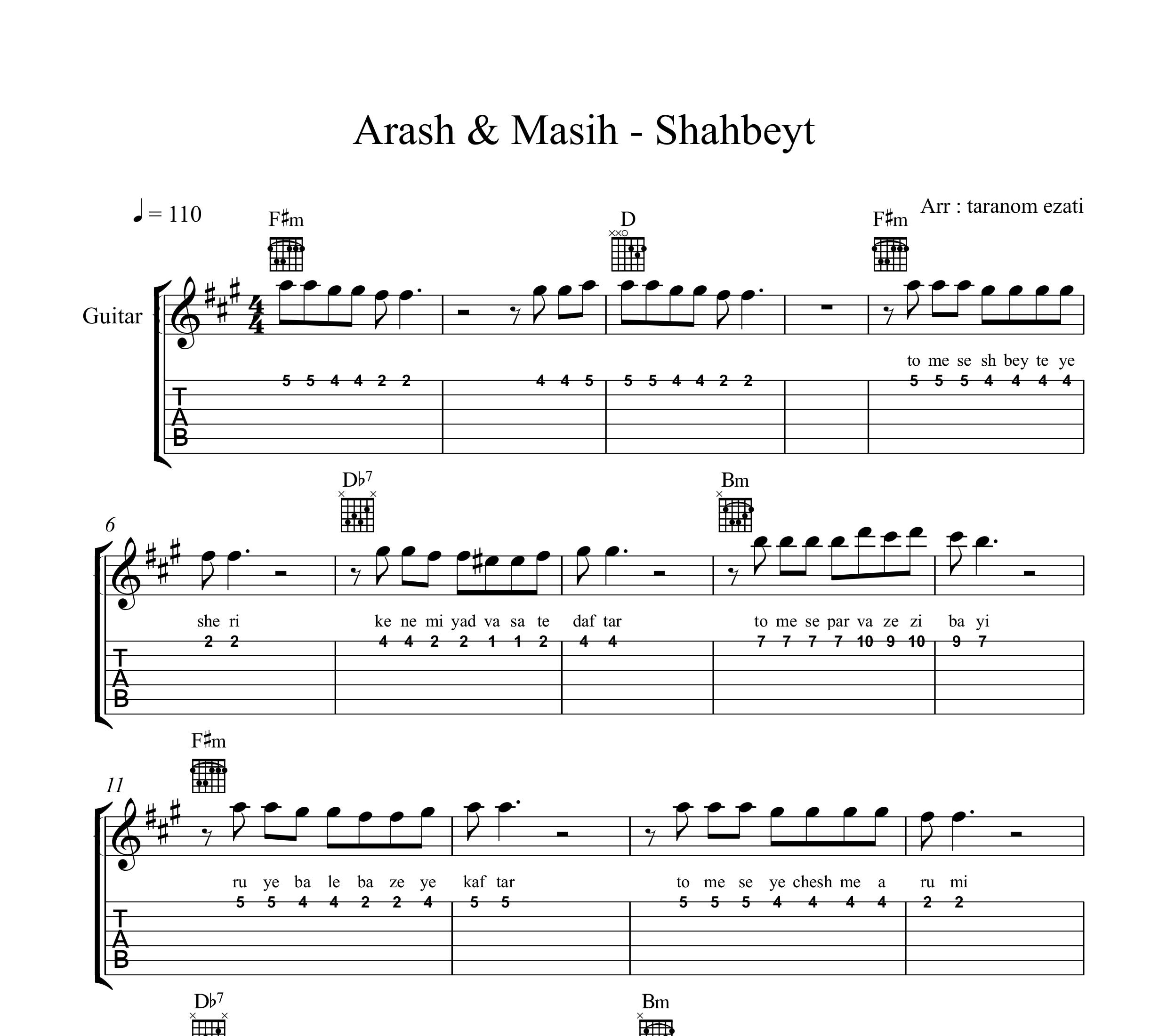 نت گیتار شاه بیت آرش و مسیح به همراه تبلچر و آکورد