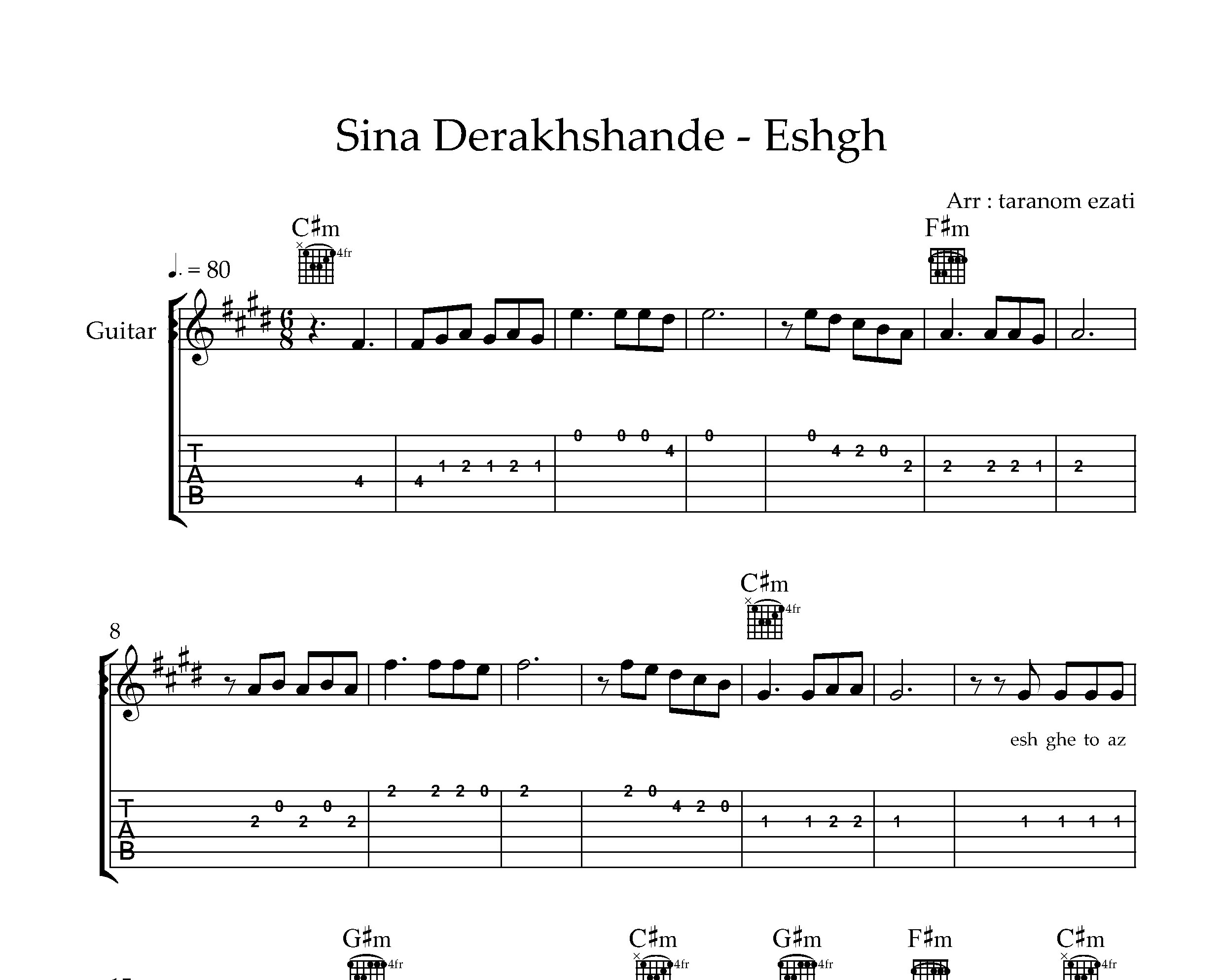 نت گیتار عشق سینا درخشنده به همراه تبلچر و آکورد