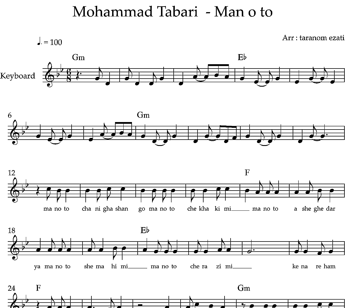 نت کیبورد منو تو محمد طبری به همراه آکورد