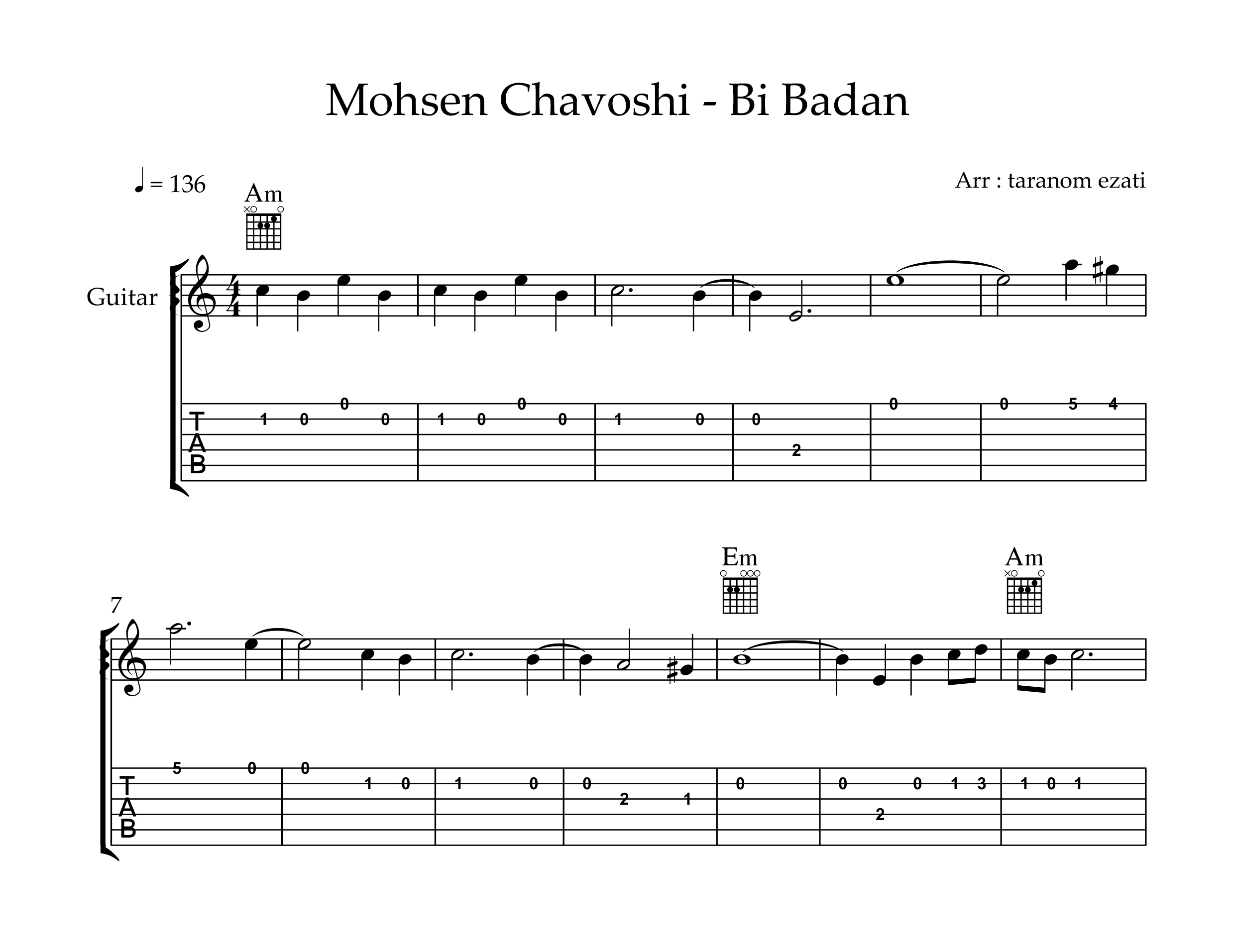 نت گیتار بی بدن محسن چاوشی به همراه تبلچر و آکورد