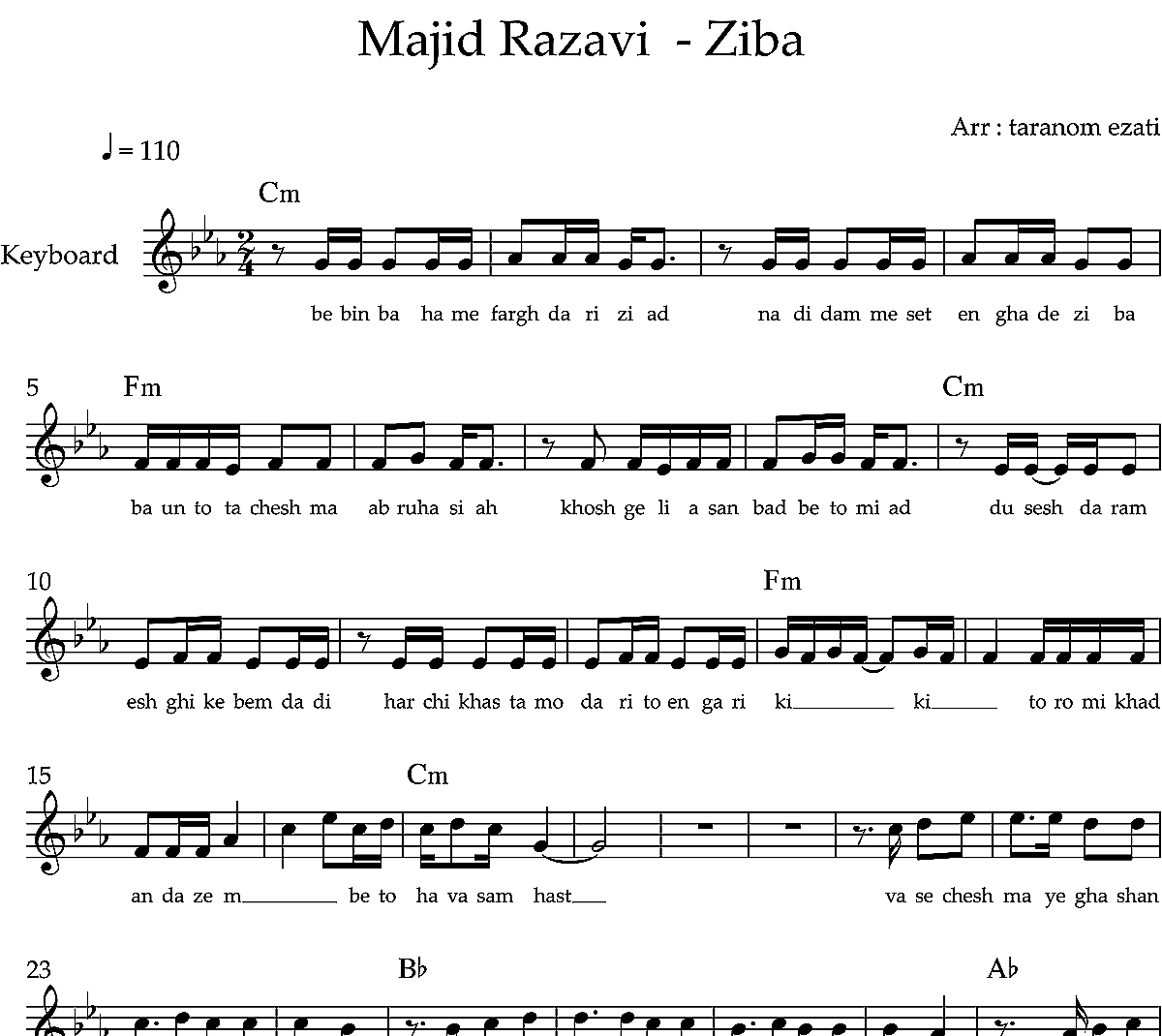 نت کیبورد زیبا مجید رضوی به همراه آکورد