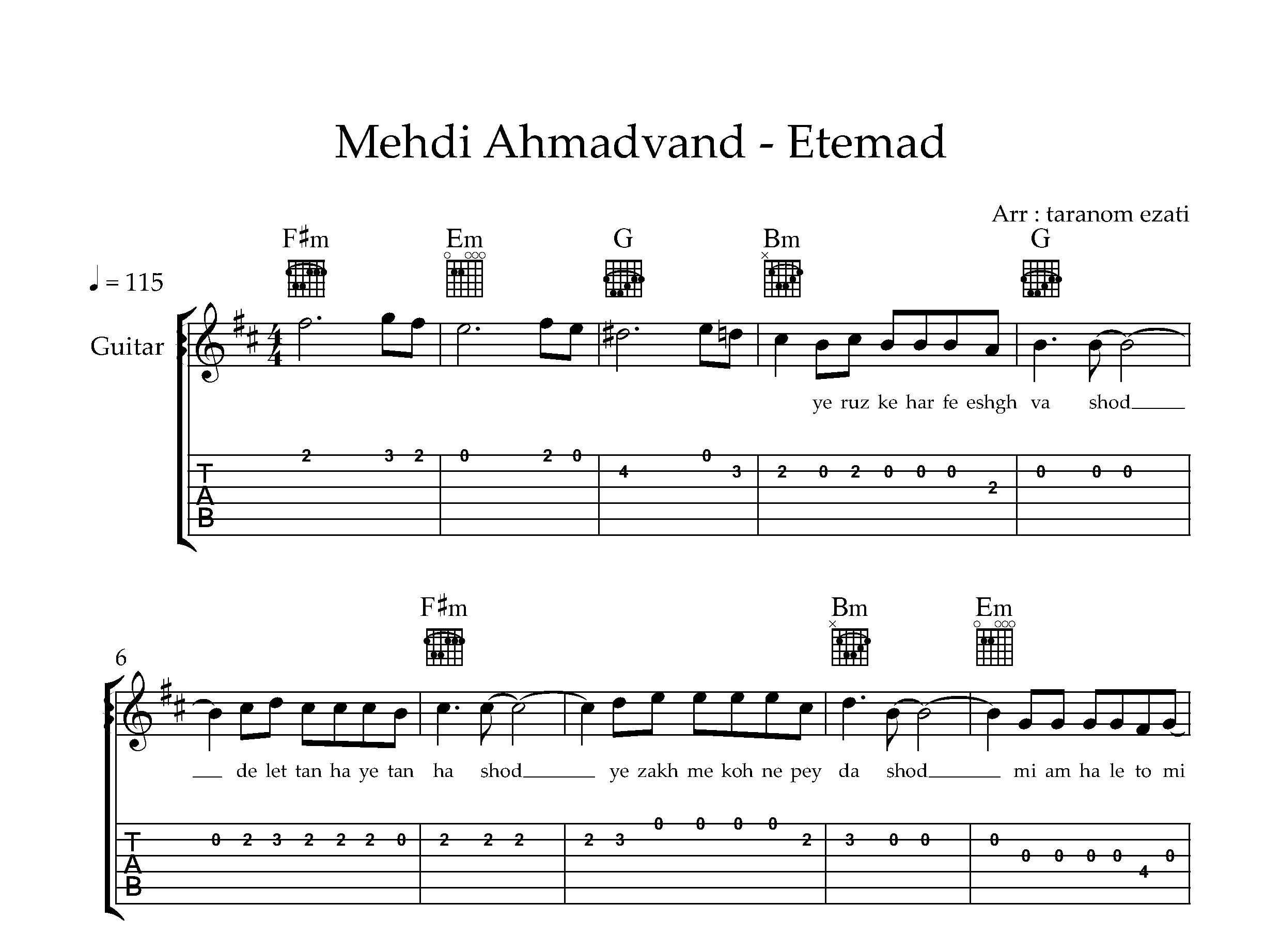 نت گیتار اعتماد مهدی احمدوند به همراه تبلچر و آکورد