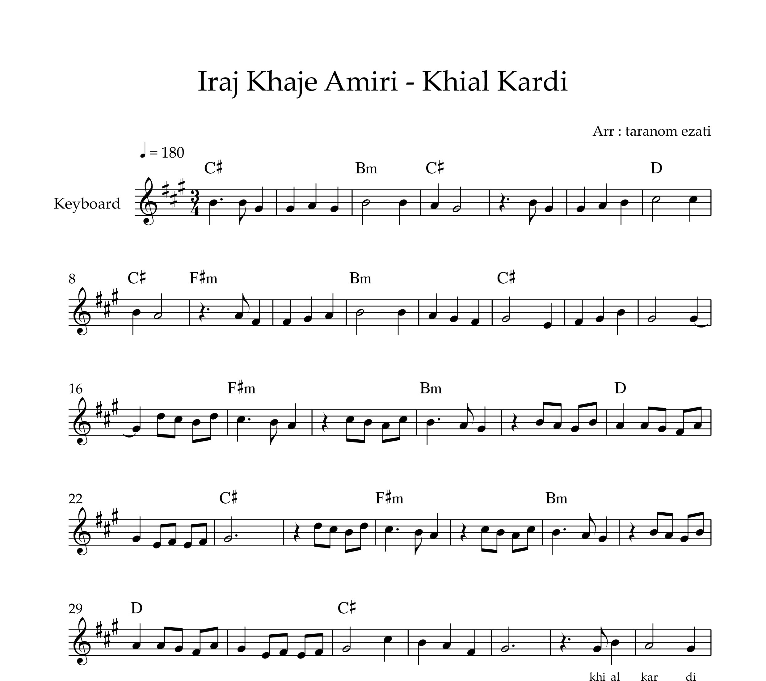 نت کیبورد خیال کردی ایرج خواجه امیری به همراه آکورد