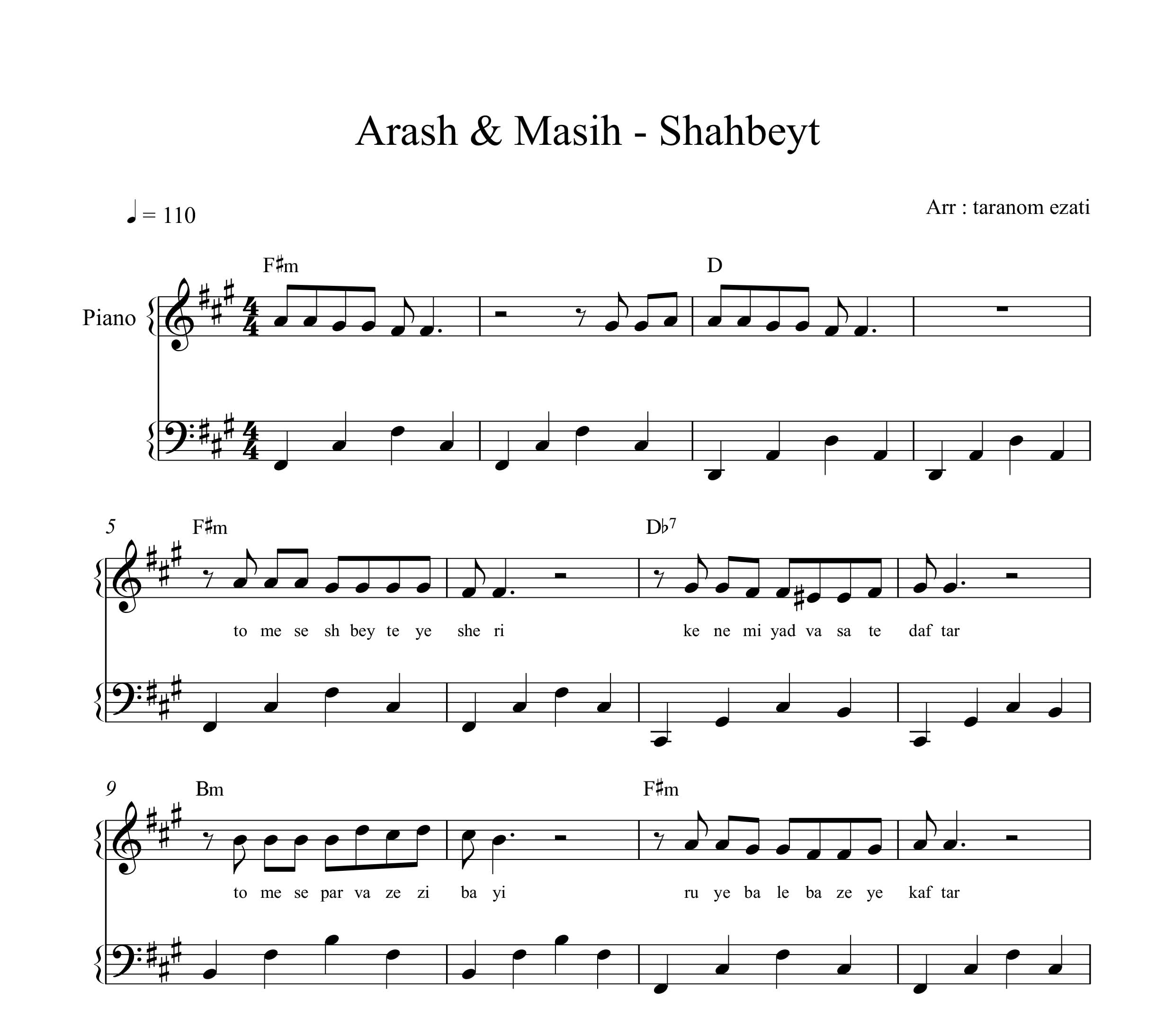 نت پیانو شاه بیت آرش و مسیح