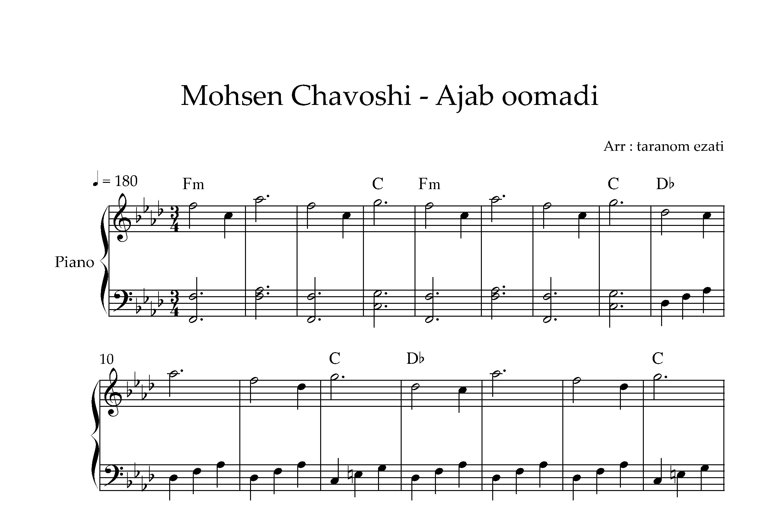 نت پیانو عجب اومدی محسن چاوشی