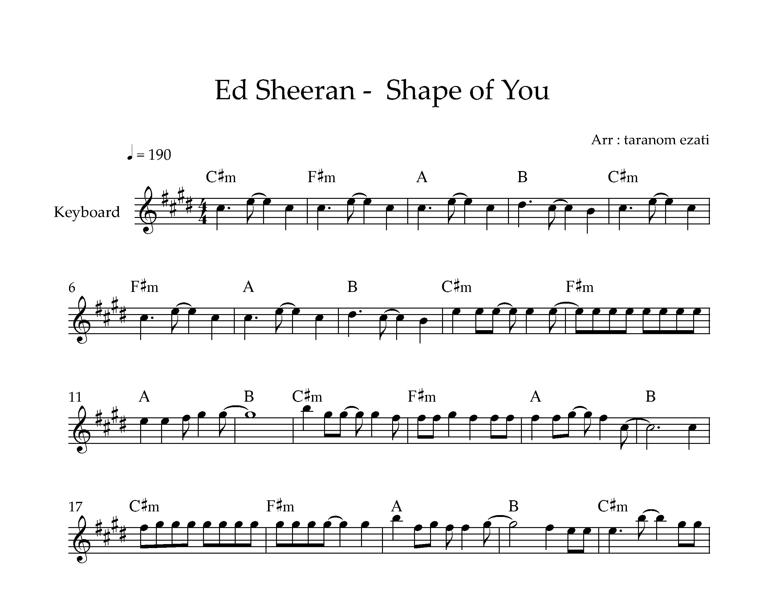 نت کیبورد Shape of You از Ed Sheeran به همراه آکورد