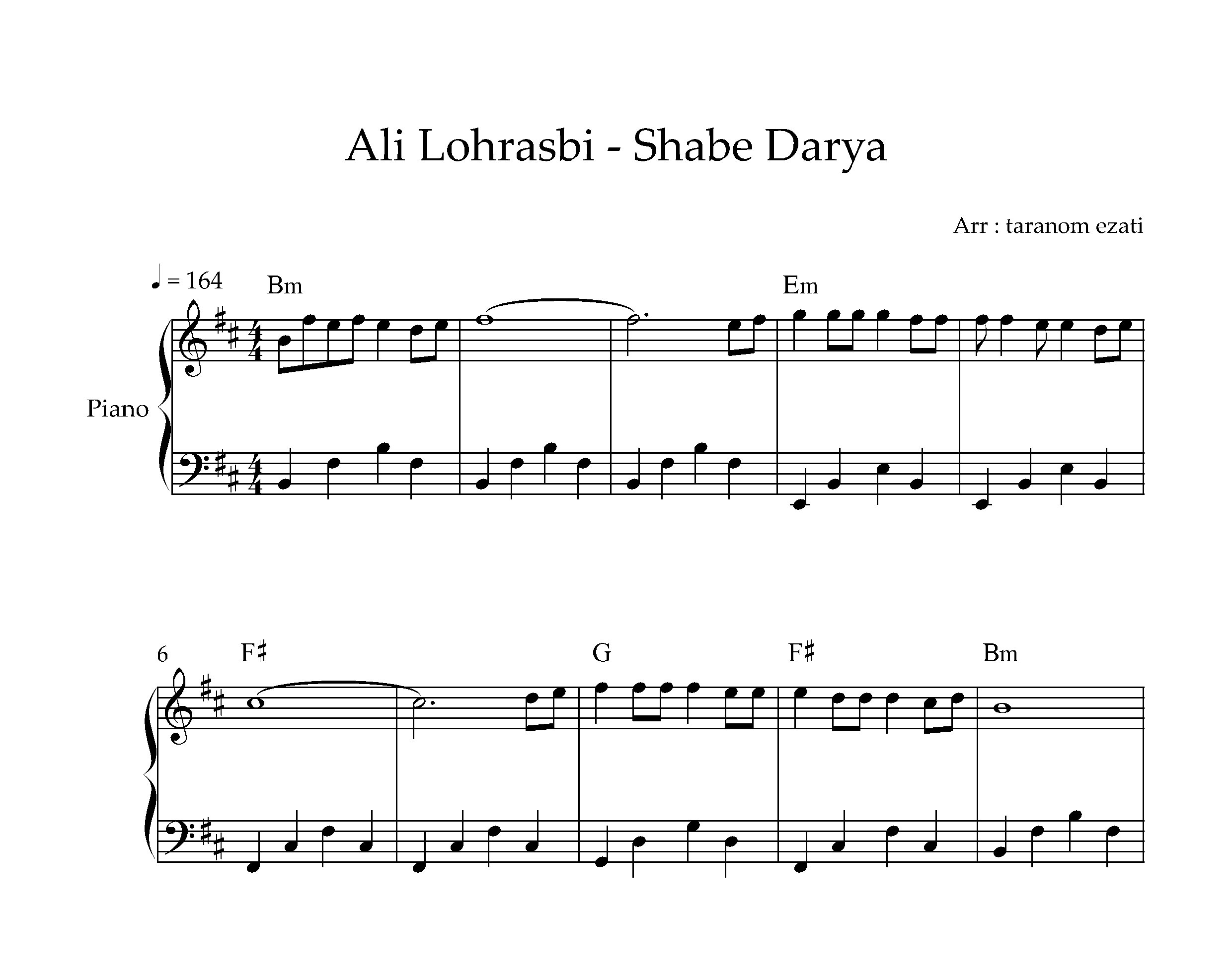 نت پیانو شب دریا علی لهراسبی