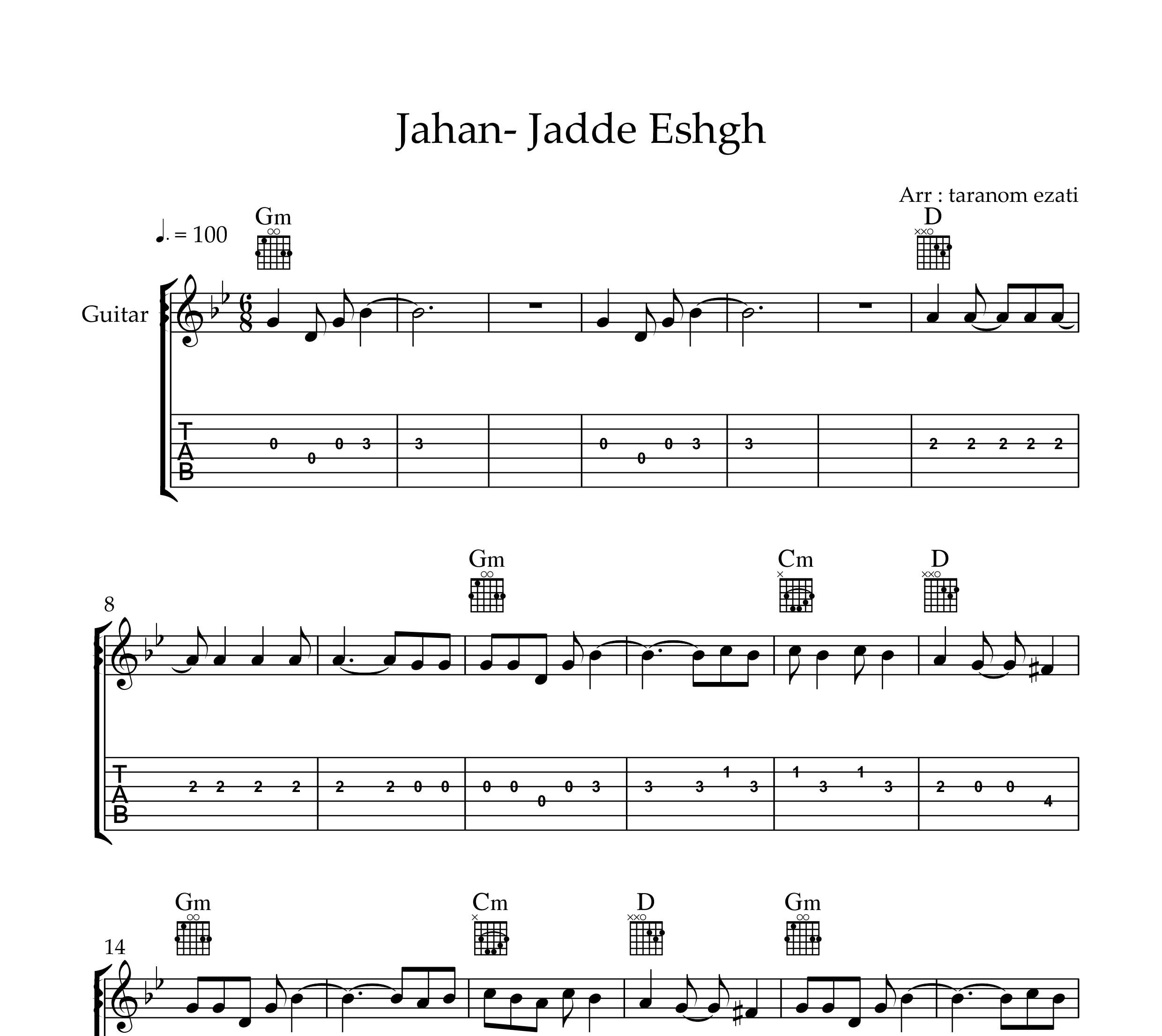 نت گیتار جاده عشق جهان به همراه تبلچر و آکورد