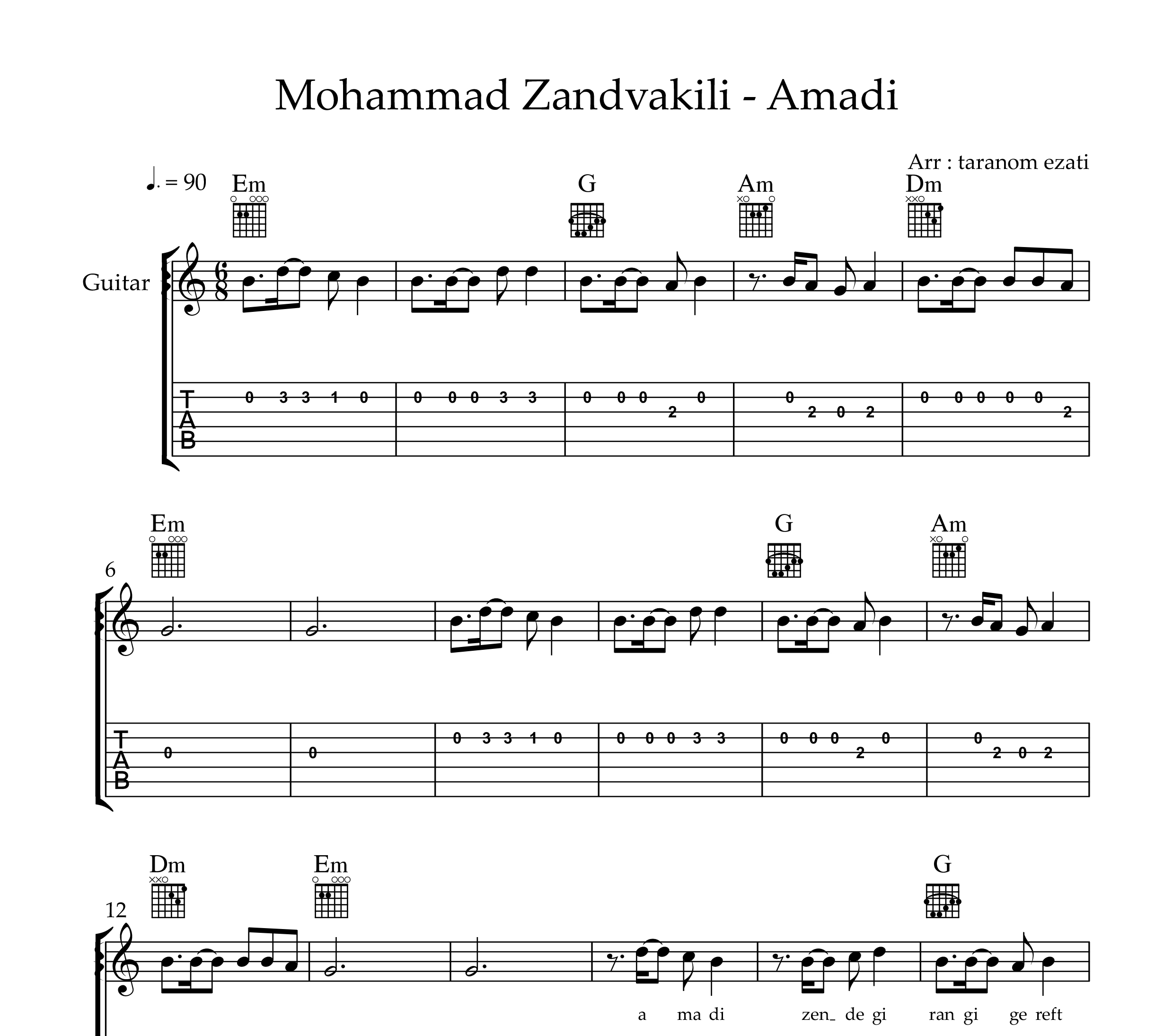 نت گیتار آمدی محمد زند وکیلی به همراه تبلچر و آکورد