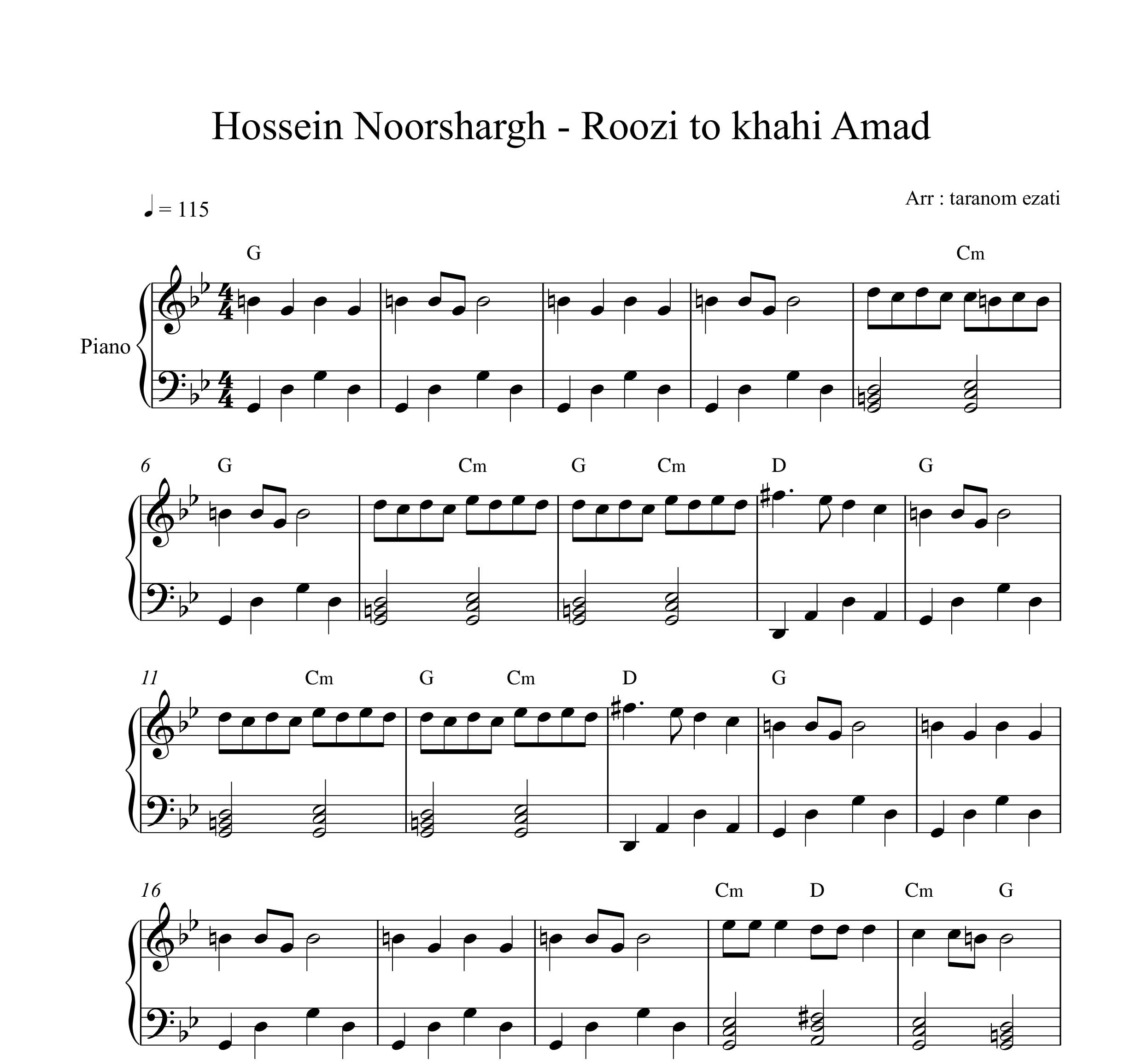 نت پیانو روزی تو خواهی آمد حسین نورشرق