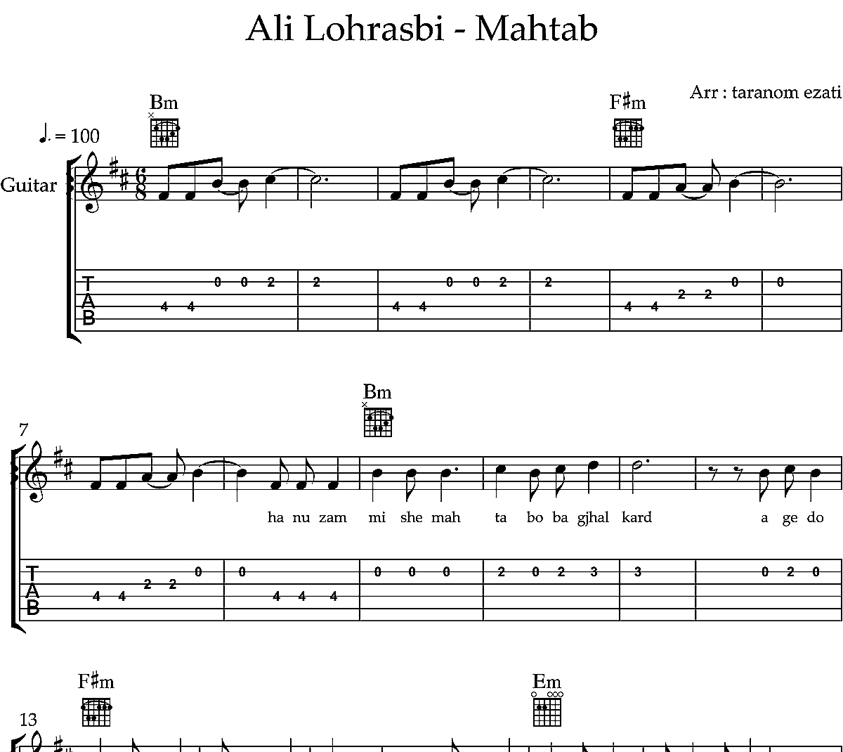 نت گیتار مهتاب علی لهراسبی به همراه تبلچر و آکورد