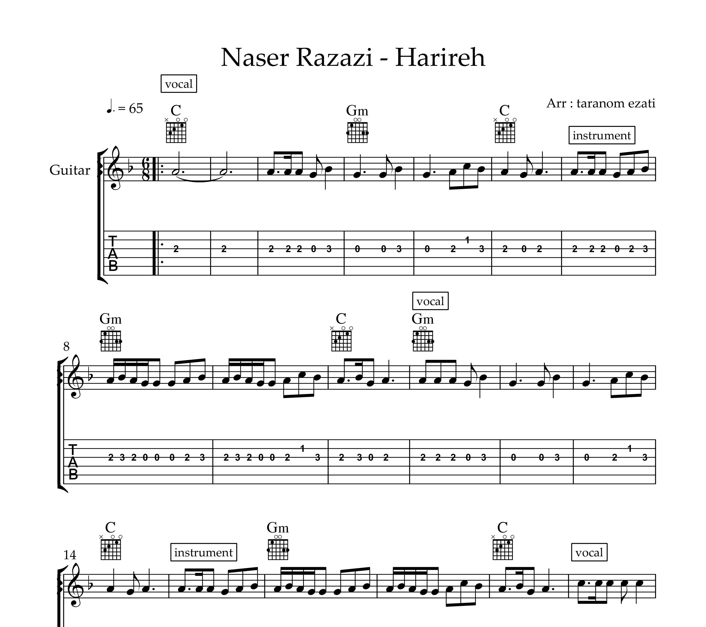 نت گیتار حریر حریره ناصر رزازی به همراه تبلچر و آکورد