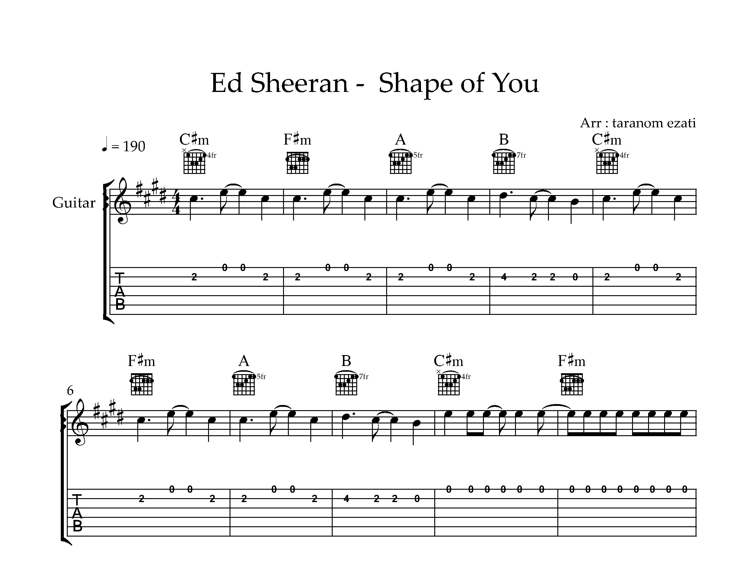 نت گیتار Shape of You از Ed Sheeran به همراه تبلچر و آکورد
