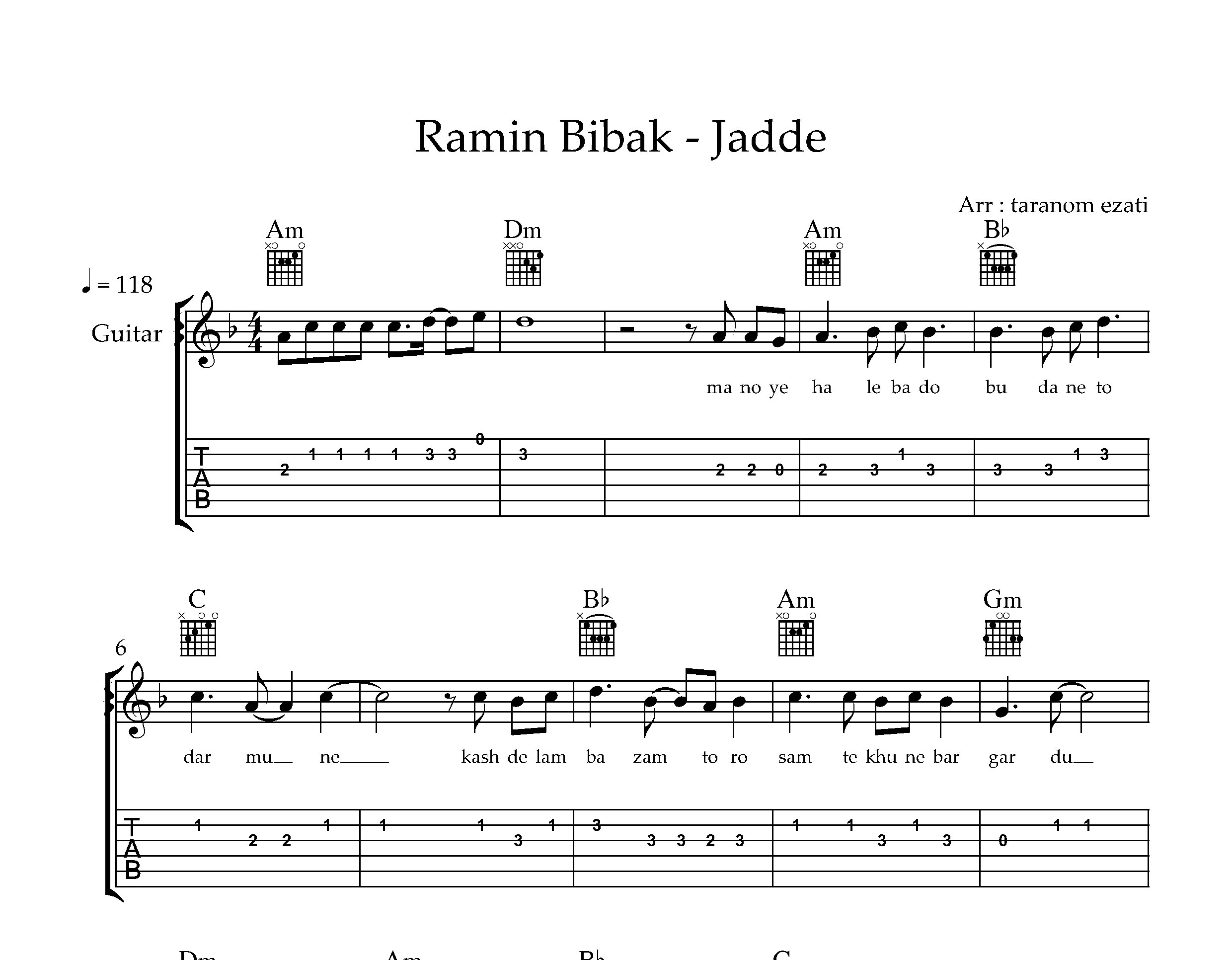 نت گیتار جاده رامین بی باک به همراه تبلچر و آکورد