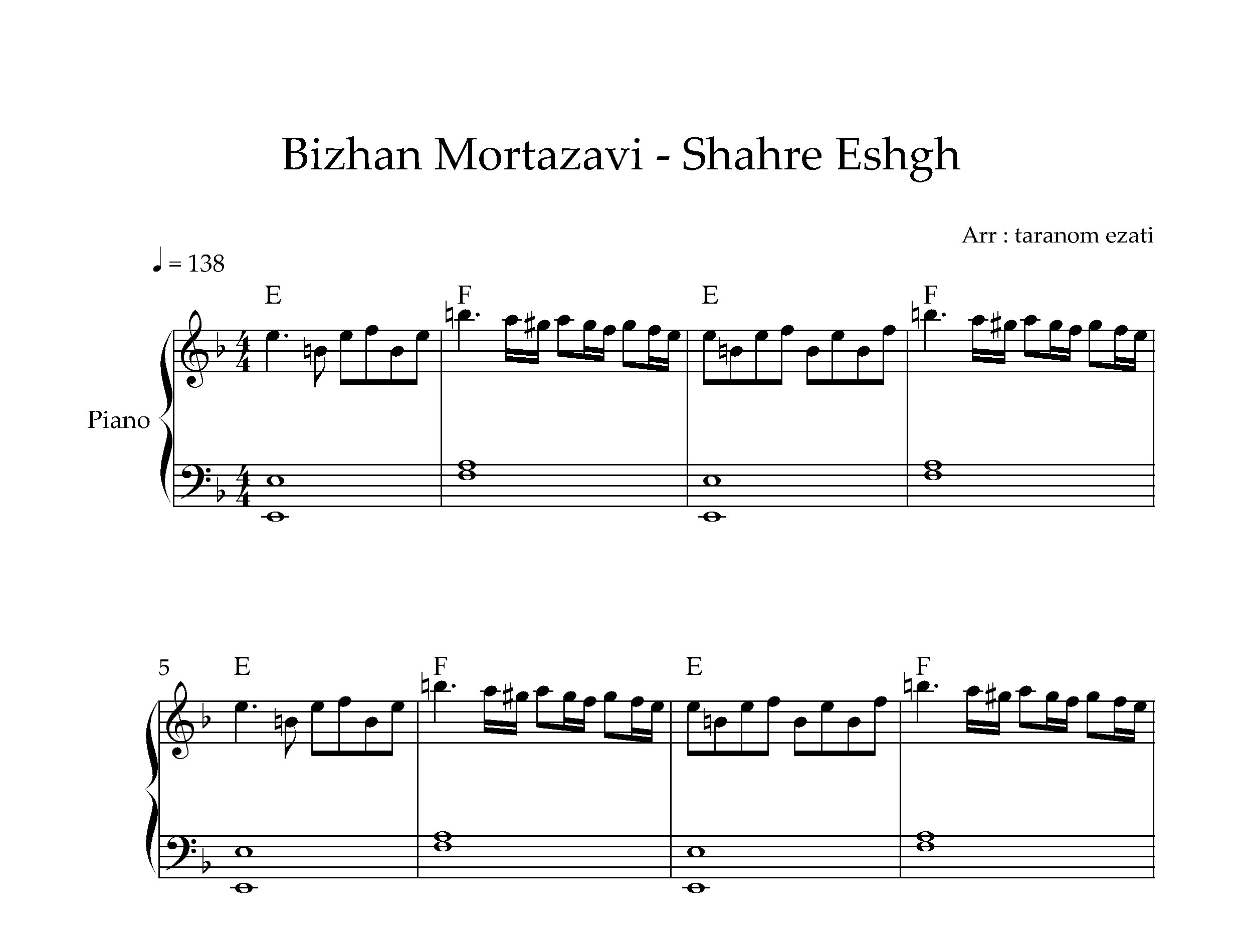 نت پیانو شهر عشق بیژن مرتضوی