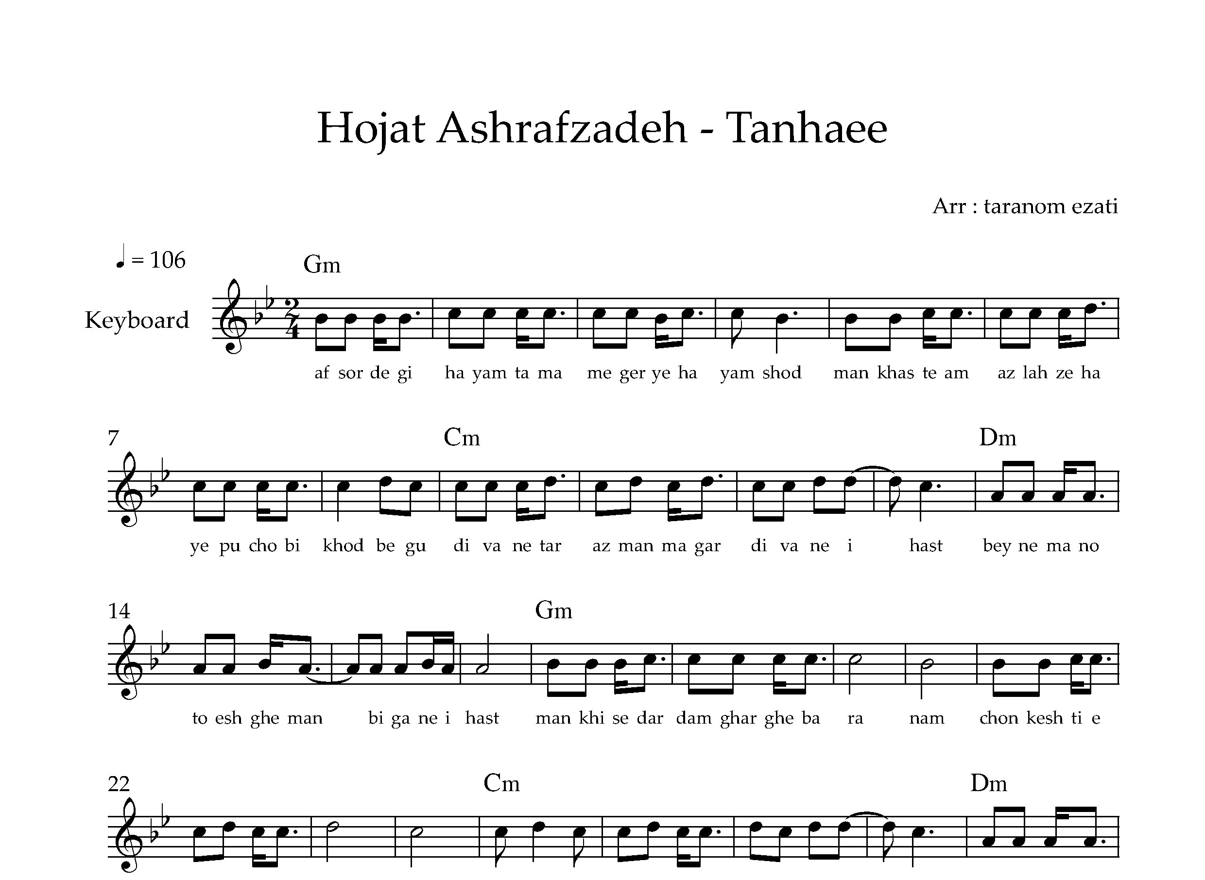 نت کیبورد تنهایی حجت اشرف زاده به همراه آکورد