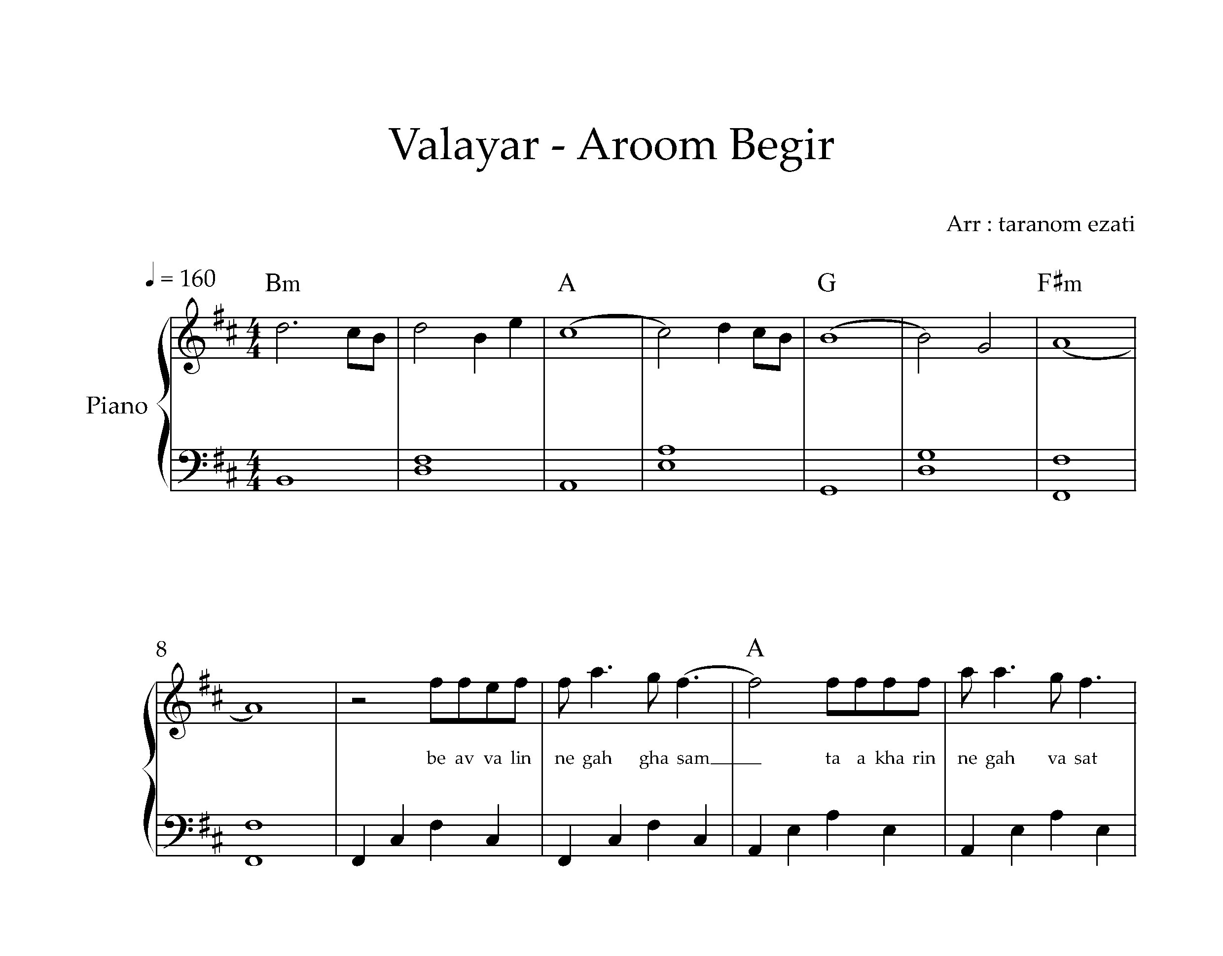 نت پیانو آروم بگیر والایار