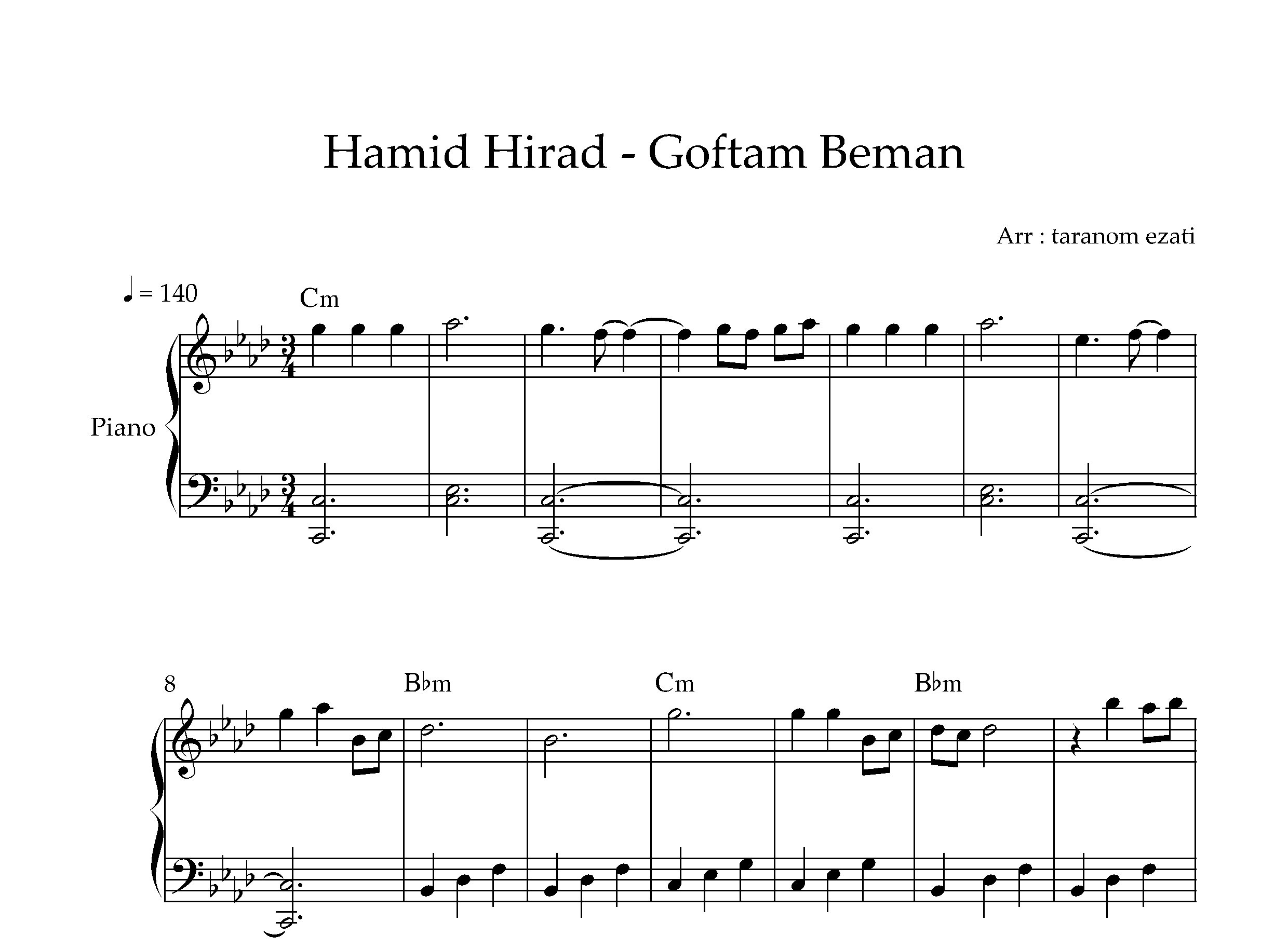 نت پیانو گفتم بمان حمید هیراد