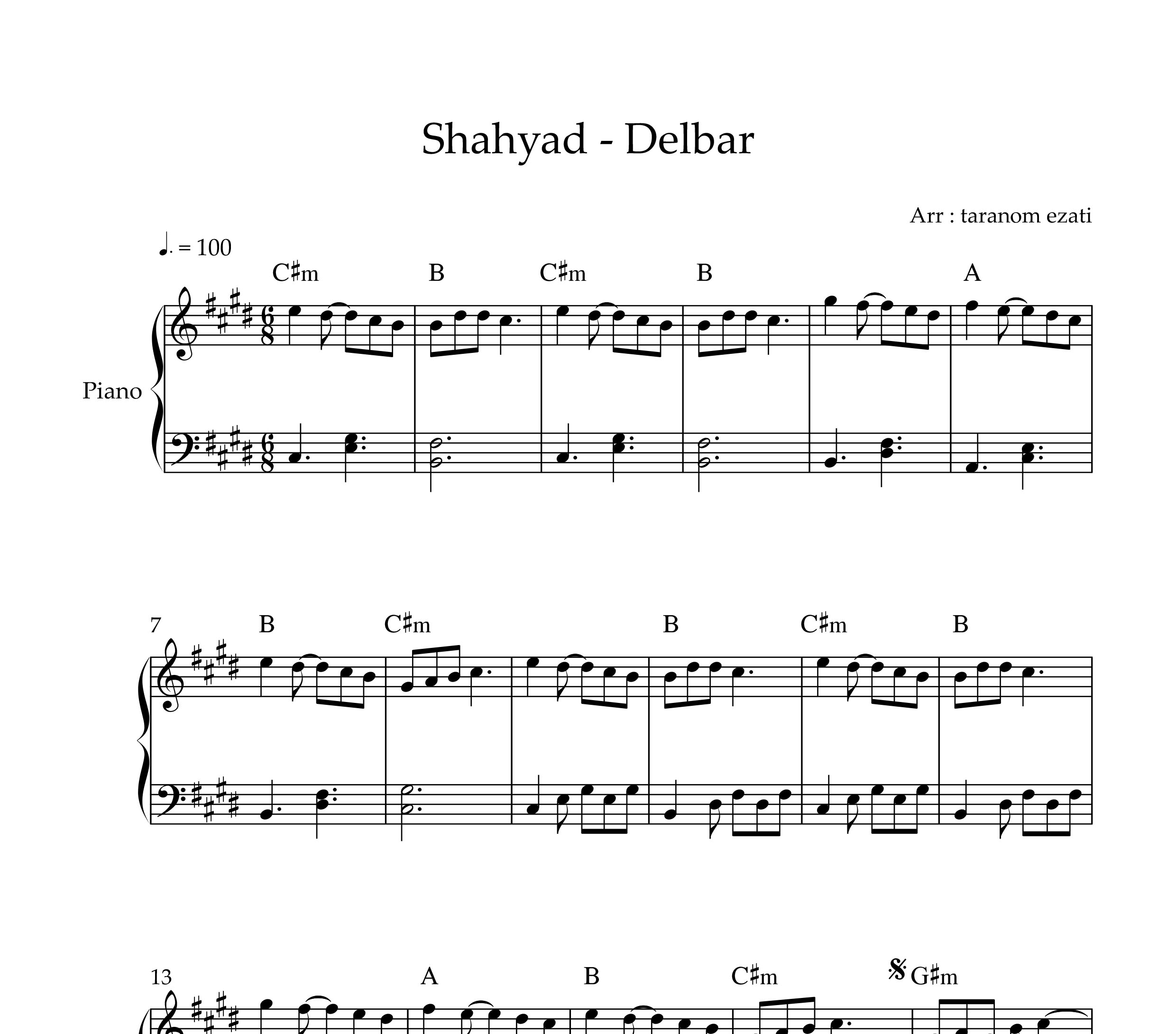 نت پیانو دلبر شهیاد
