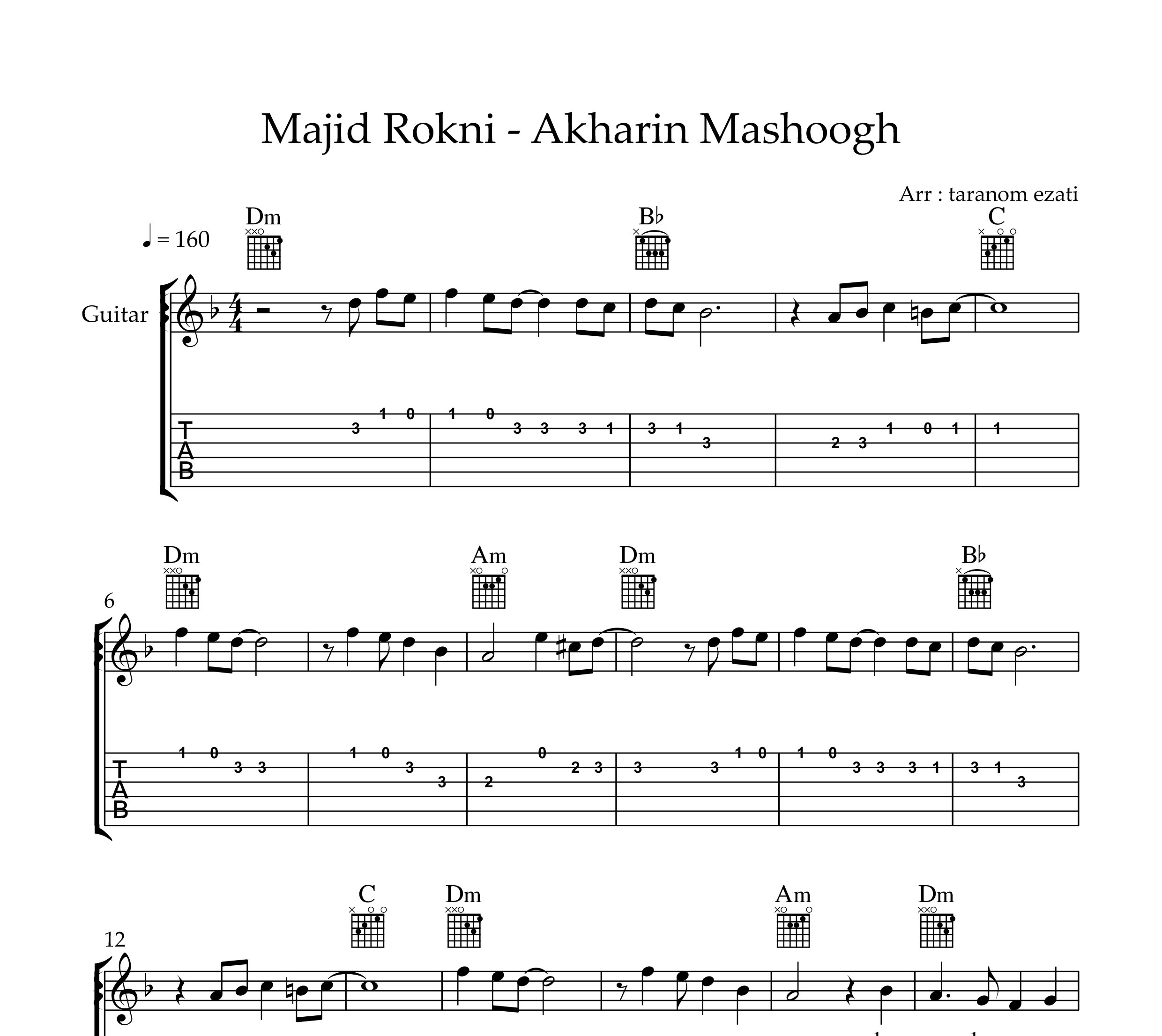 نت گیتار آخرین معشوق مجید رکنی به همراه تبلچر و آکورد