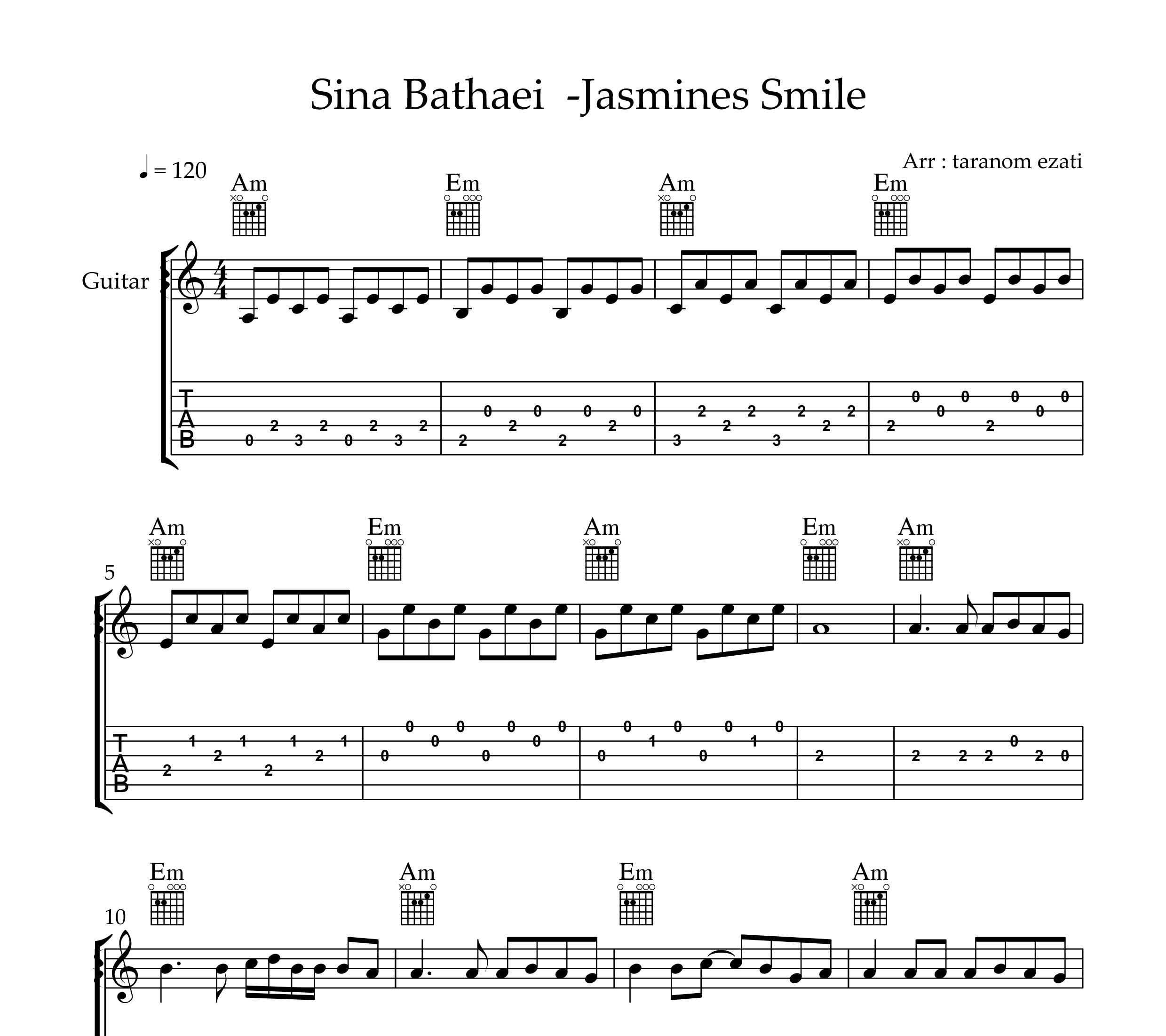 نت گیتار Jasmines Smile سینا بطحایی به همراه تبلچر و آکورد