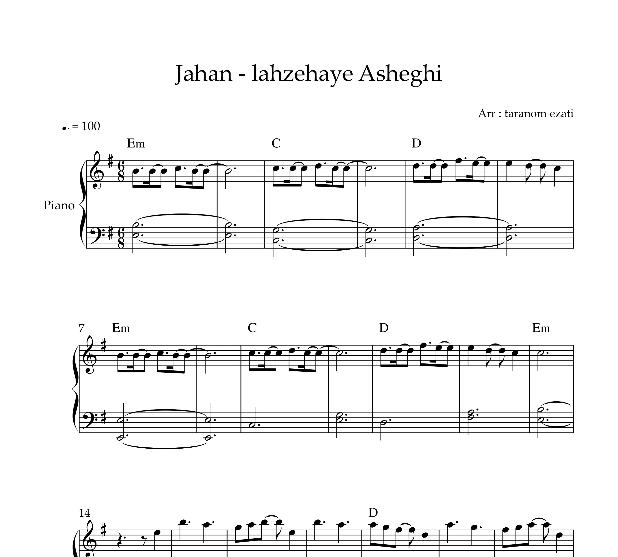 نت پیانو لحظه های عاشقی جهان