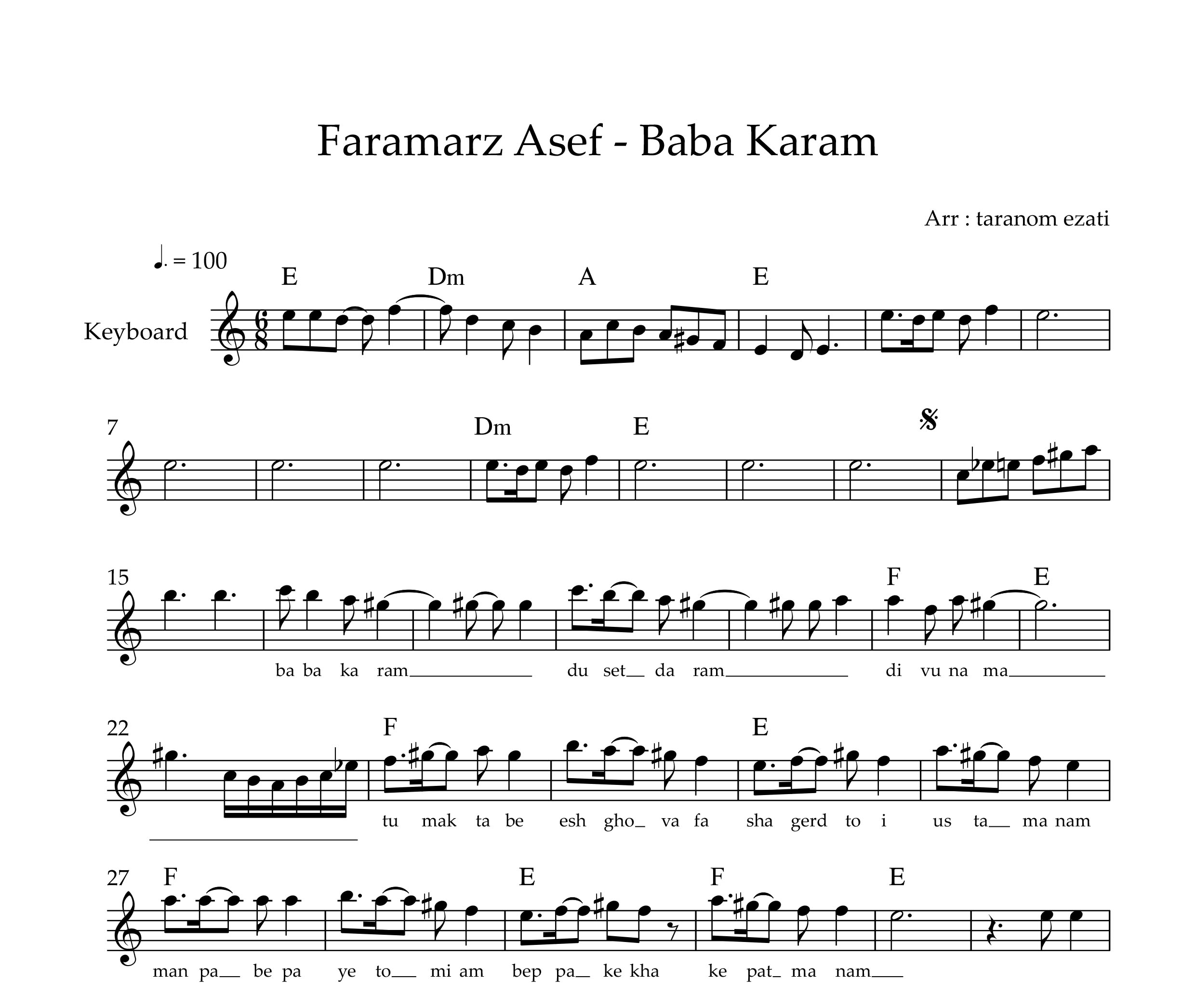 نت کیبورد بابا کرم فرامرز آصف به همراه آکورد