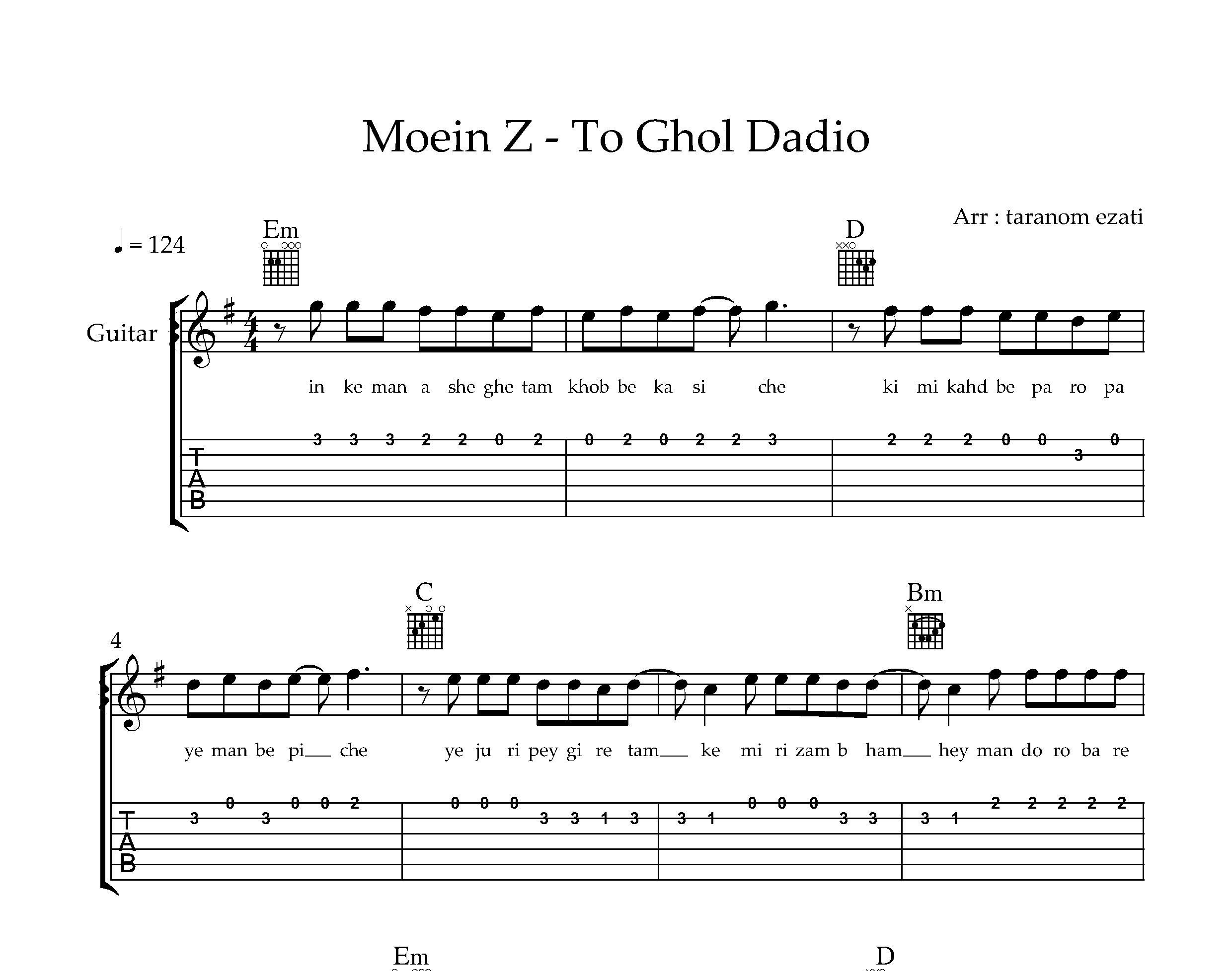 نت گیتار قول دادیا معین زد به همراه تبلچر و آکورد