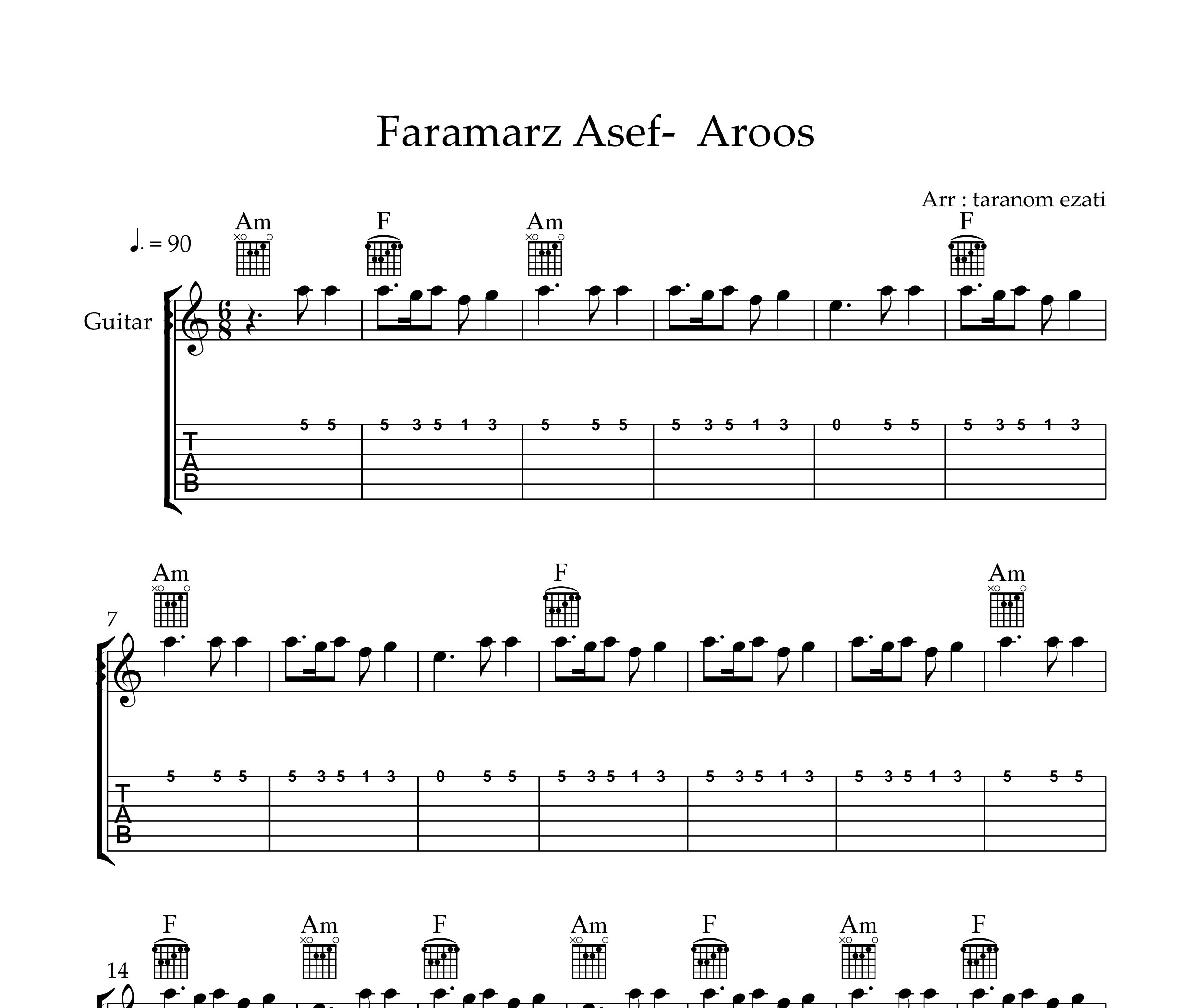 نت گیتار عروس فرامرز آصف به همراه تبلچر و آکورد