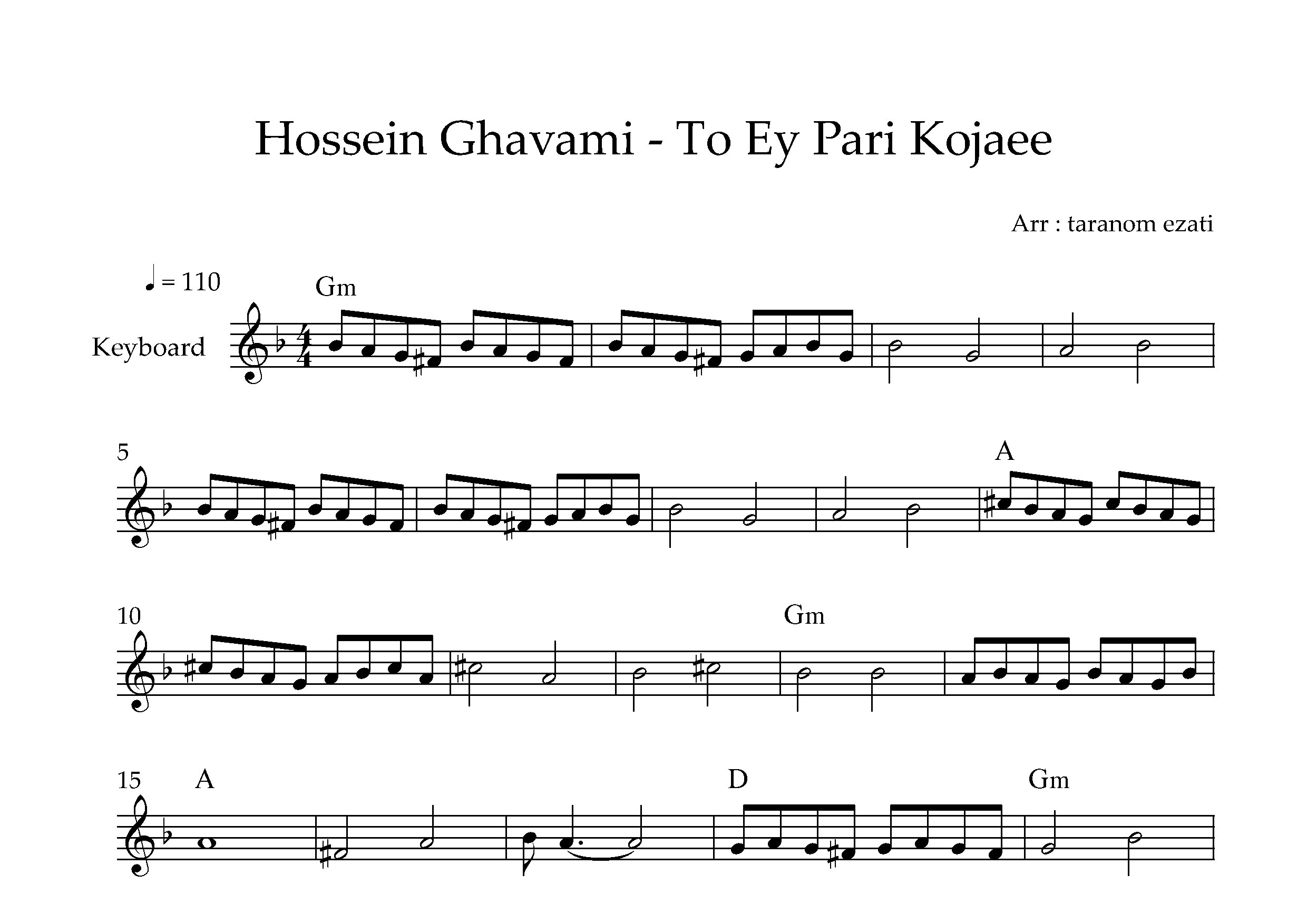 نت کیبورد تو ای پری کجایی حسین قوامی به همراه آکورد