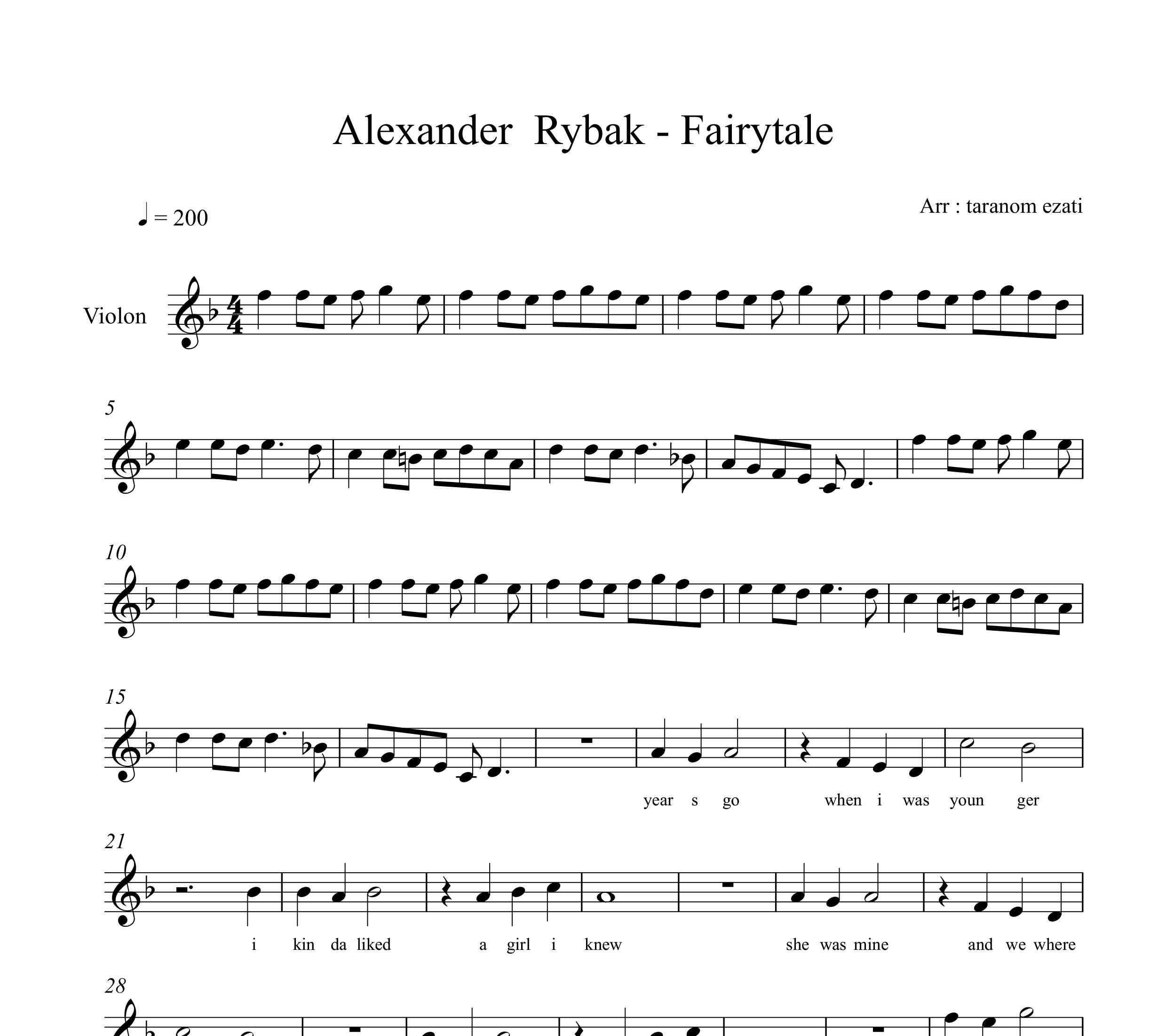 نت ویولن fairytale از alexander rybak الکساندر ریباک