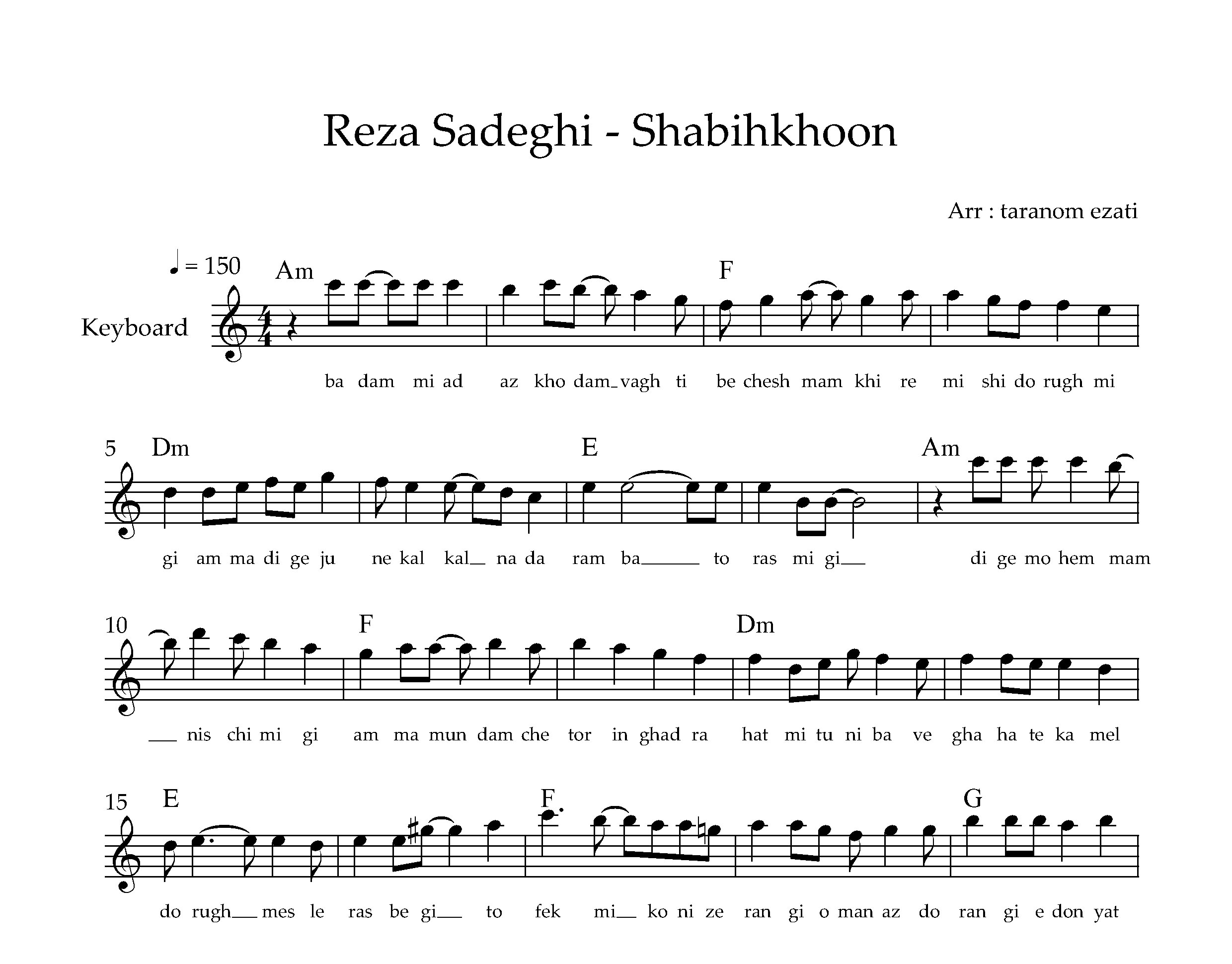نت کیبورد شبیخون رضا صادقی به همراه آکورد