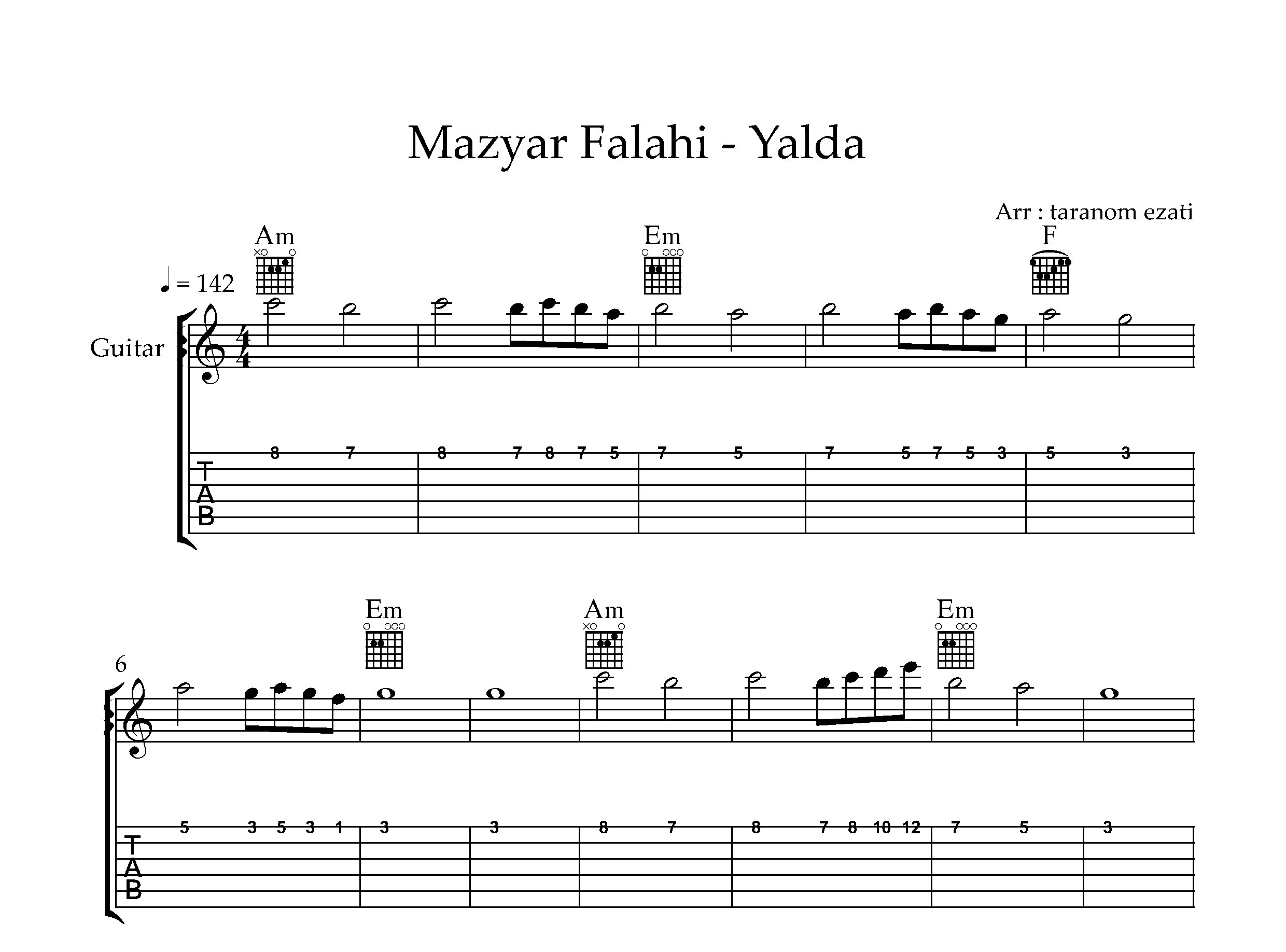 نت گیتار یلدا مازیار فلاحی به همراه تبلچر و آکورد