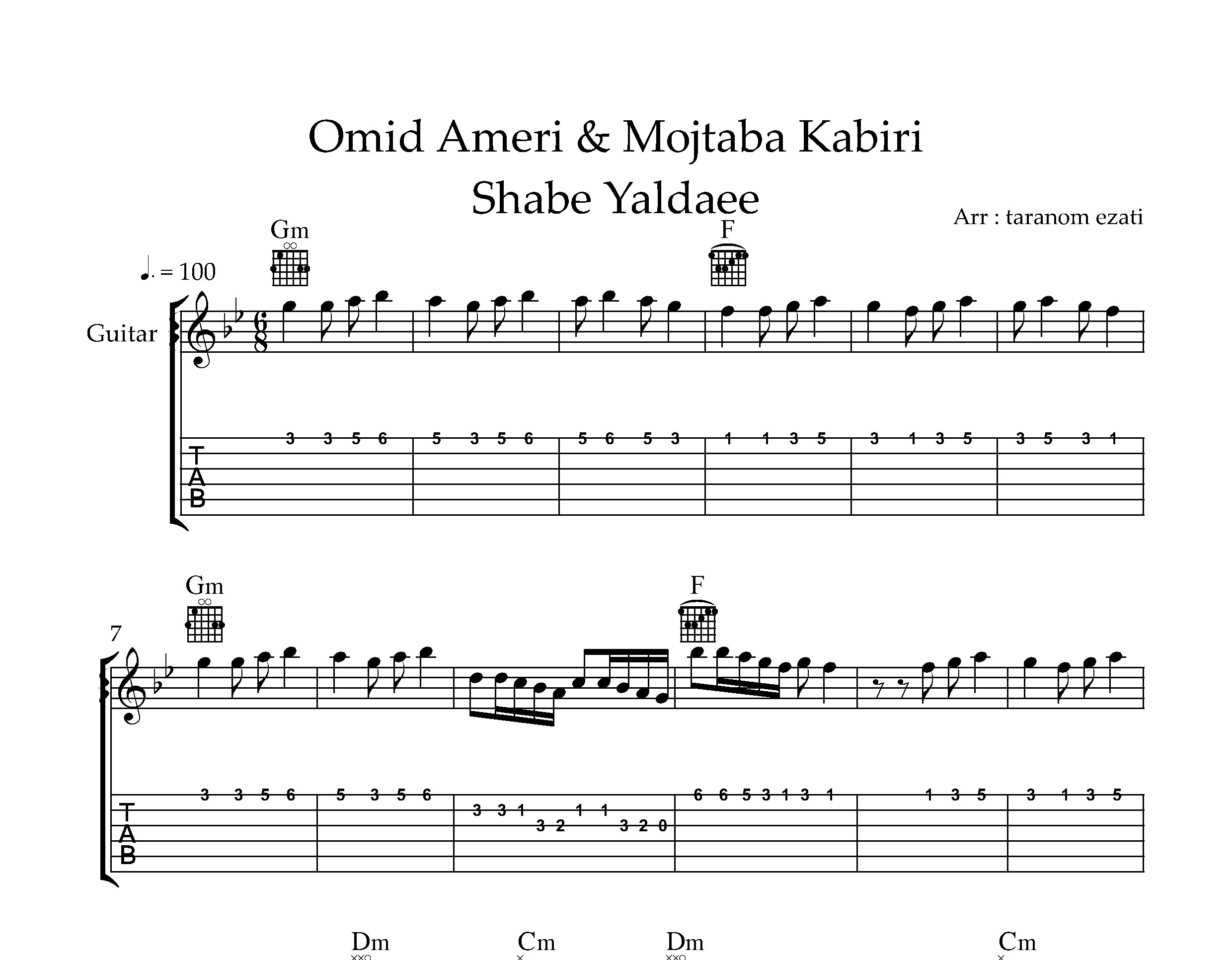 نت گیتار شب یلدایی امید آمری به همراه تبلچر و آکورد