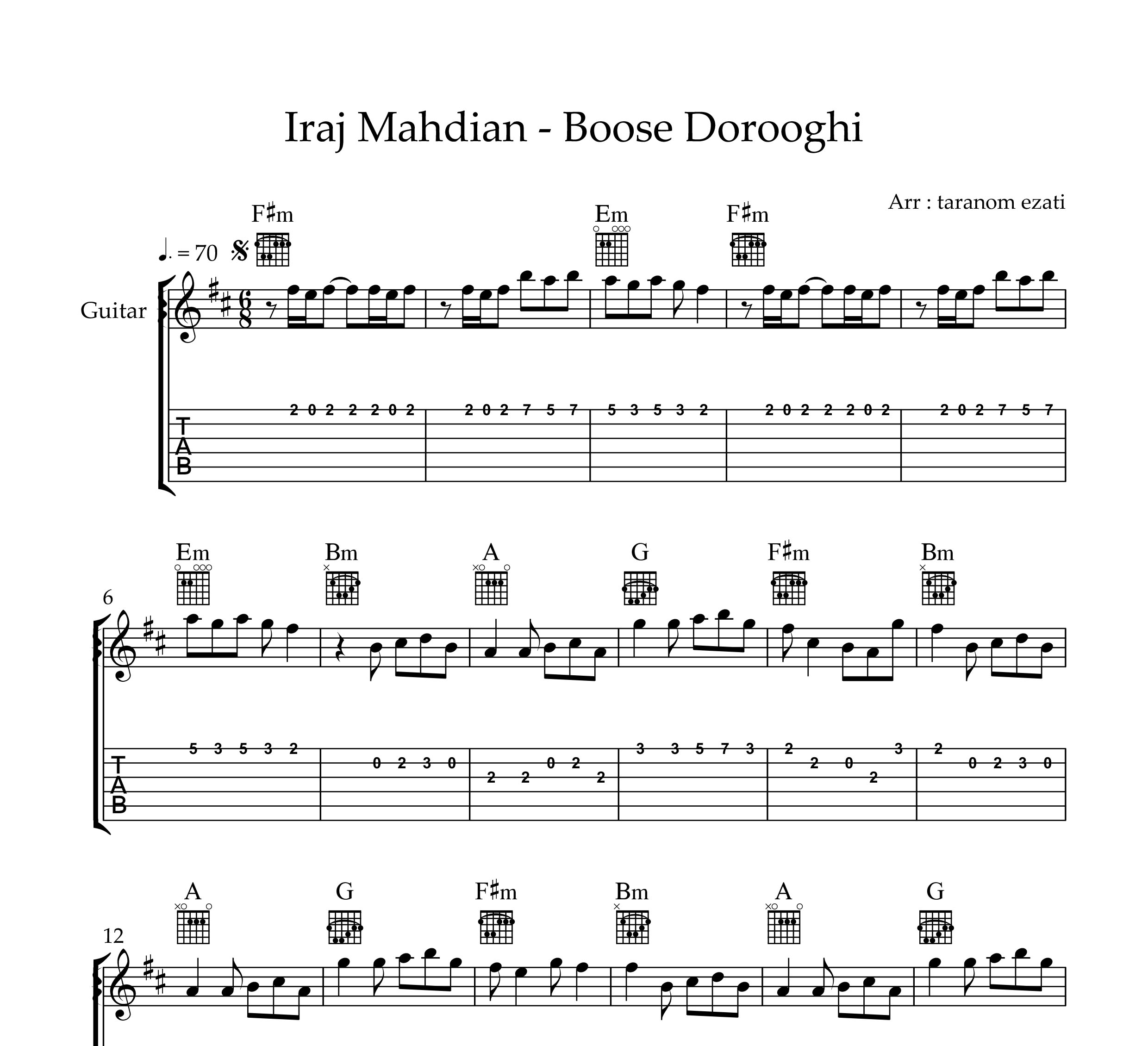 نت گیتار بوسه دروغی ایرج مهدیان به همراه تبلچر و آکورد