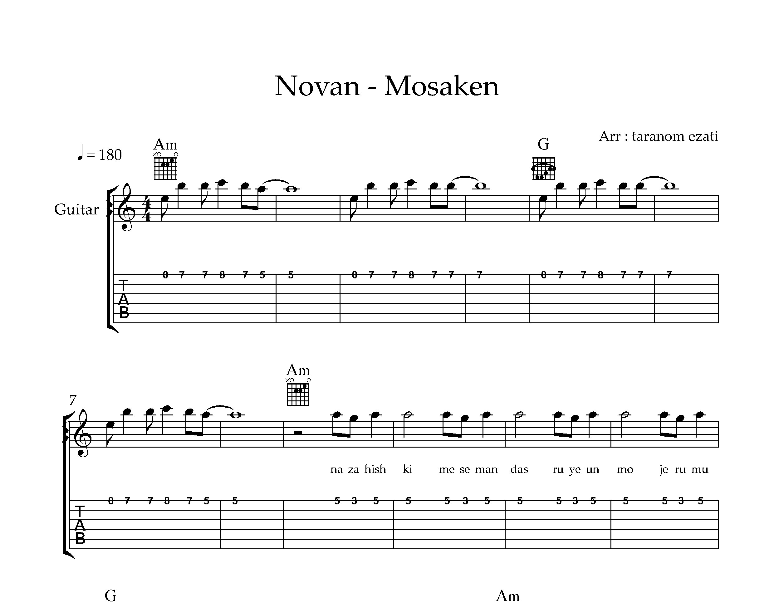 نت گیتار مسکن نوان به همراه تبلچر و آکورد