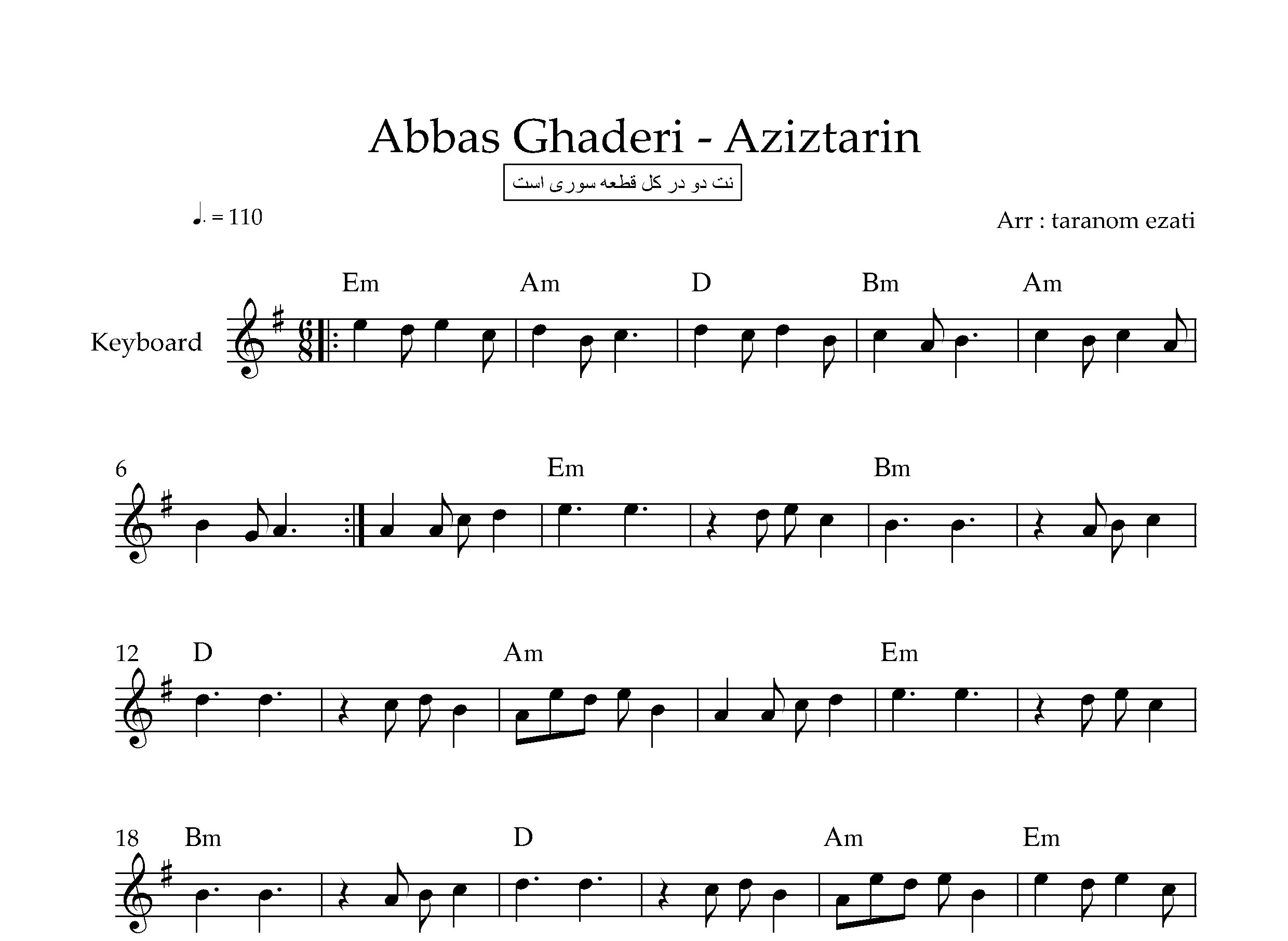 نت کیبورد عزیزترین عباس قادری به همراه آکورد