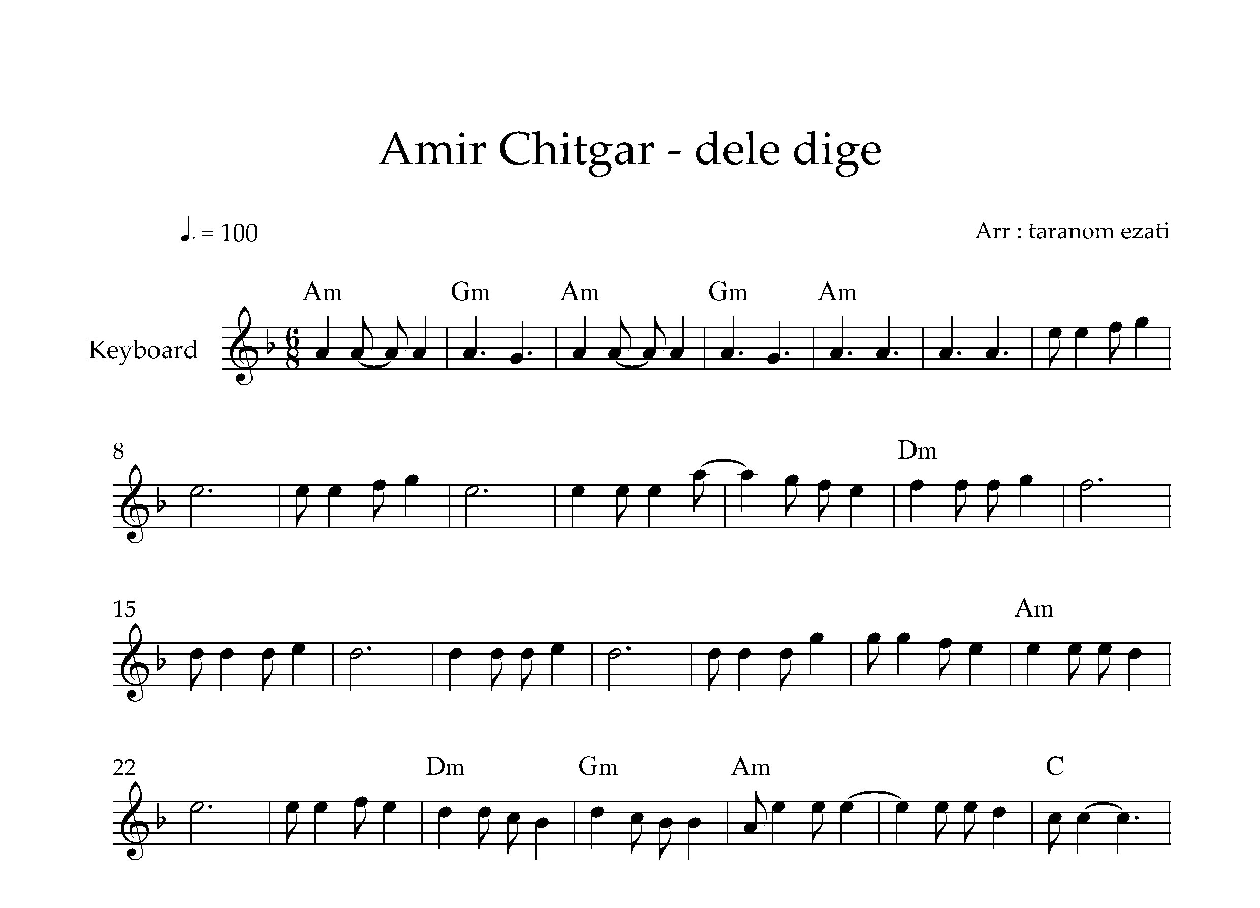 نت کیبورد دله دیگه امیر چیتگر به همراه آکورد