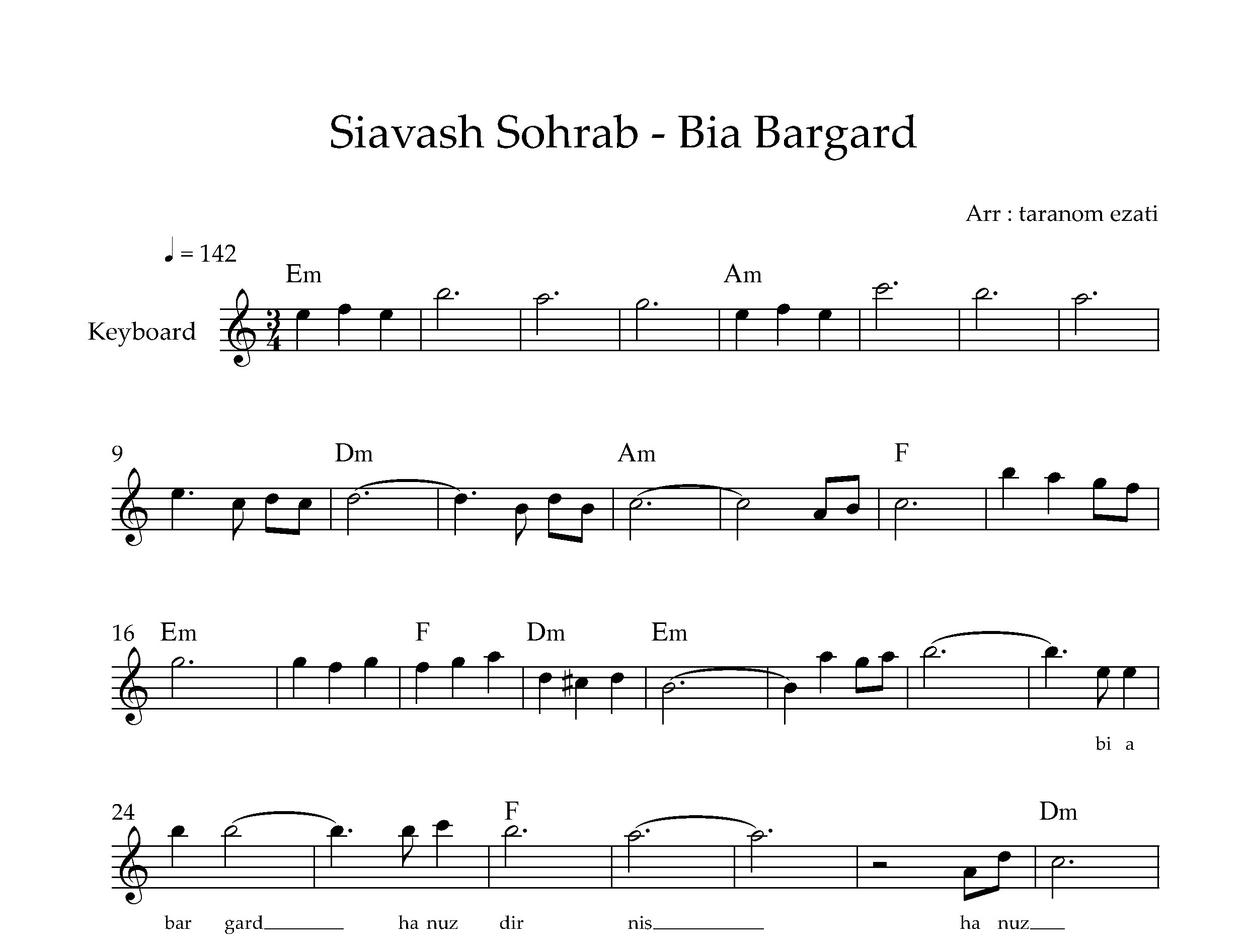 نت کیبورد بیا برگرد سیاوش سهراب به همراه آکورد